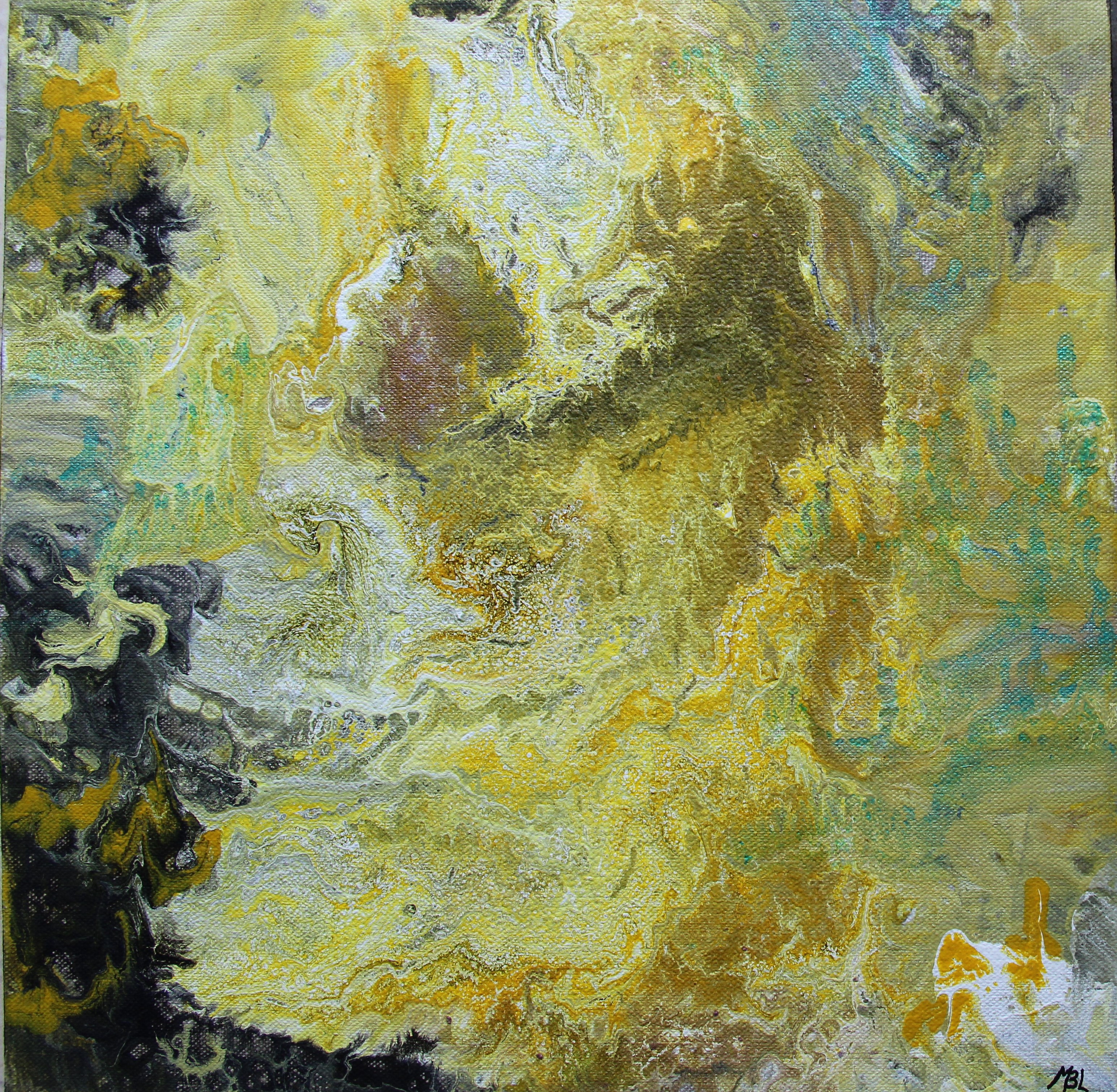 A painting of a yellow and black abstract painting.