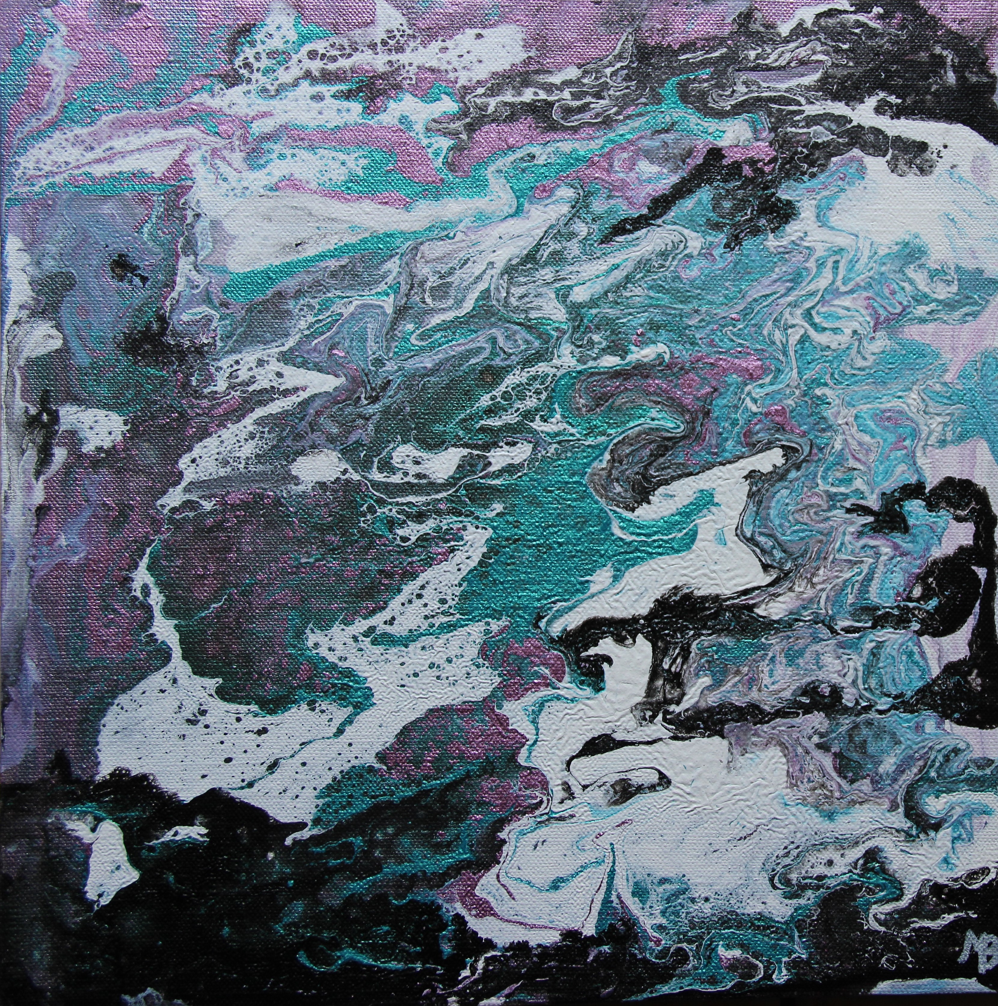 A painting of a purple and blue abstract painting on a canvas.