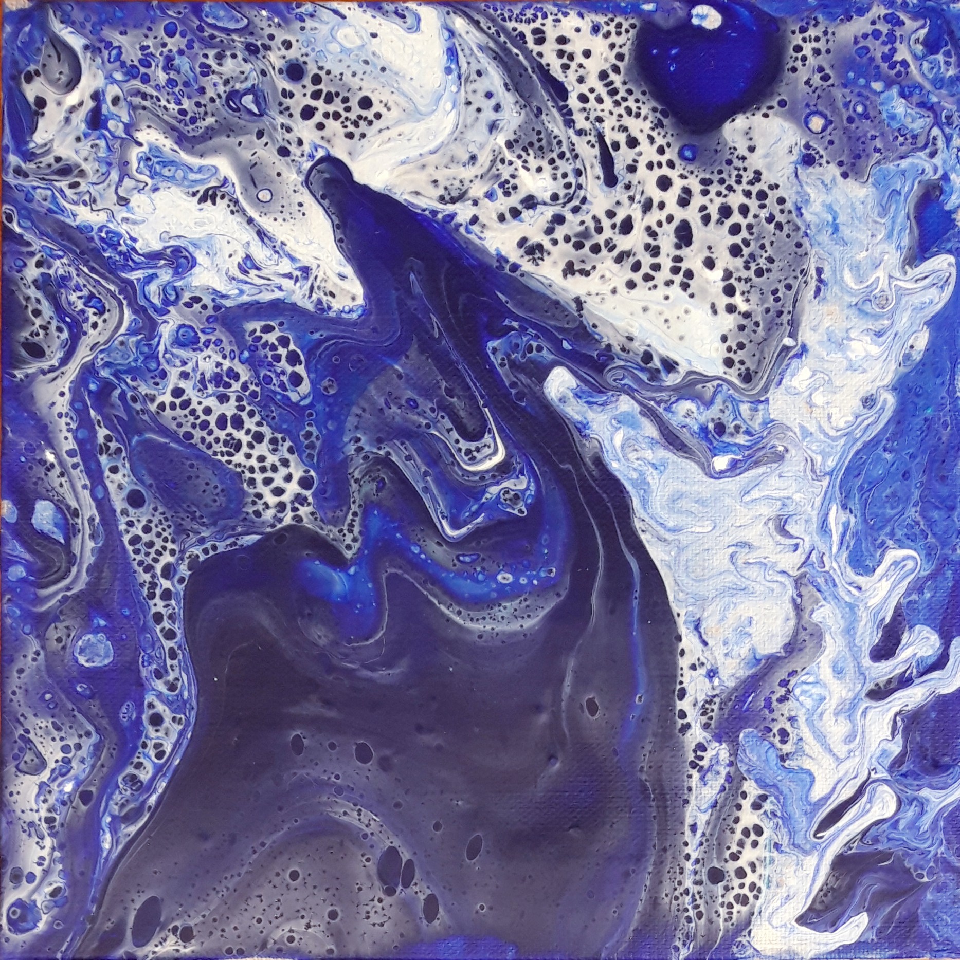 A painting of blue and white swirls on a blue background.