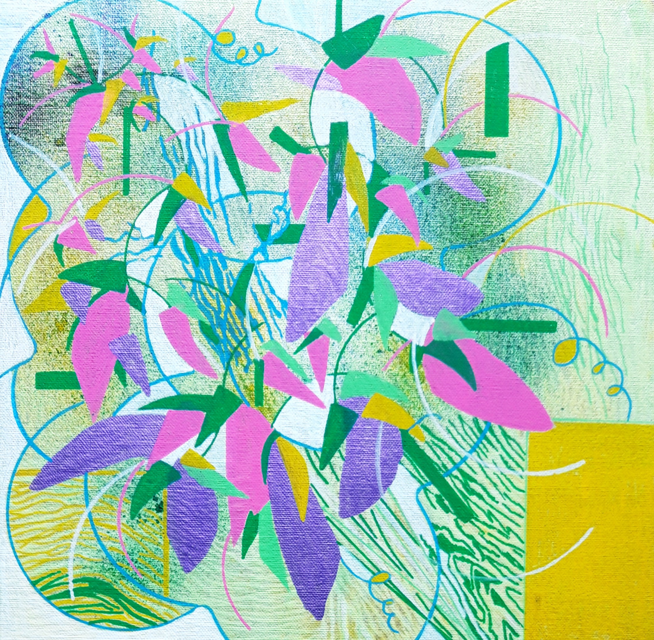 A painting of a vase filled with purple and green flowers.