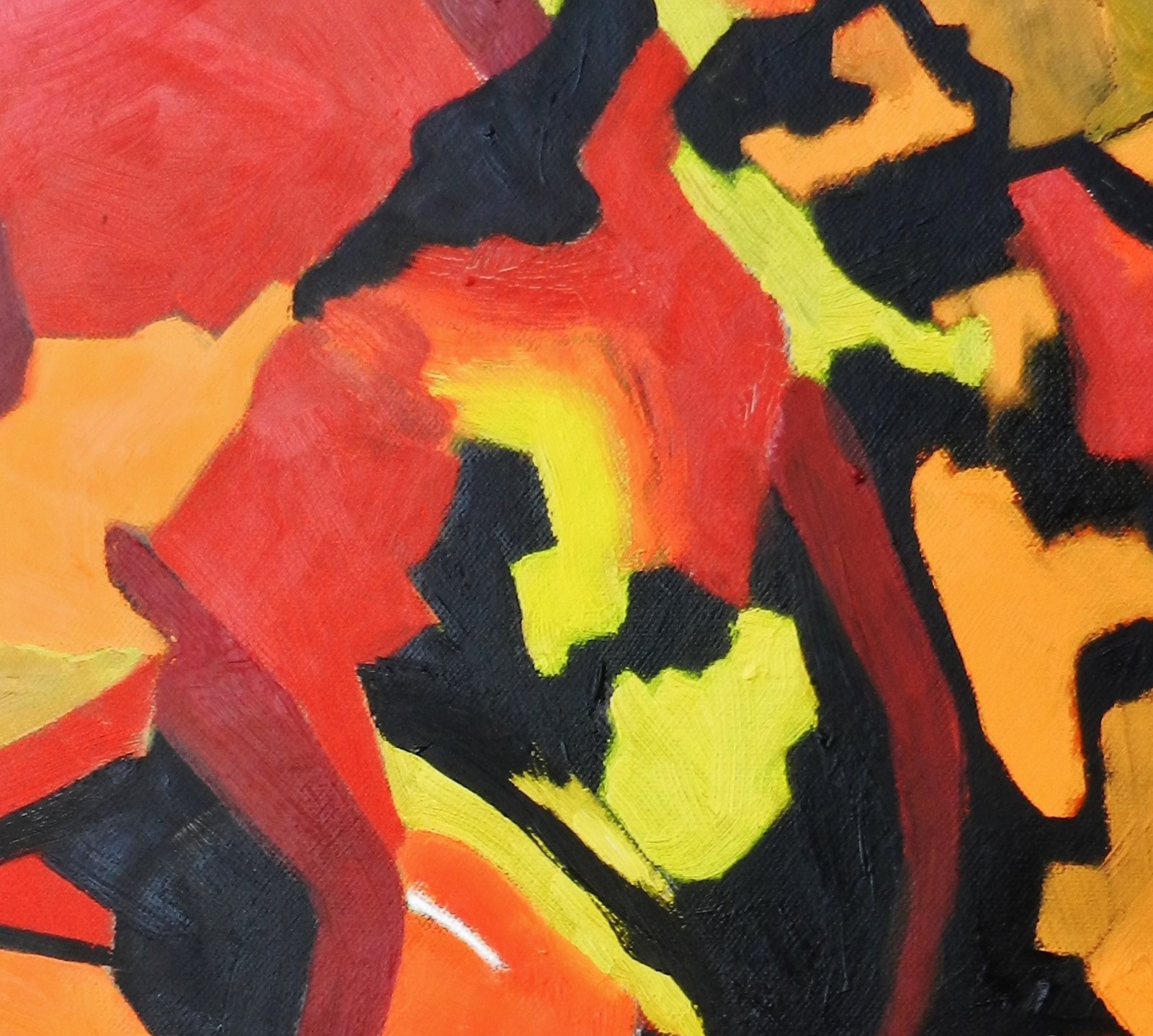 A close up of a painting of a red, yellow, and black abstract painting.