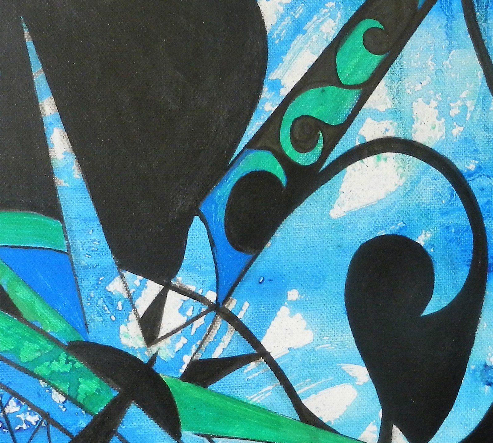 A painting of a blue and green abstract design.