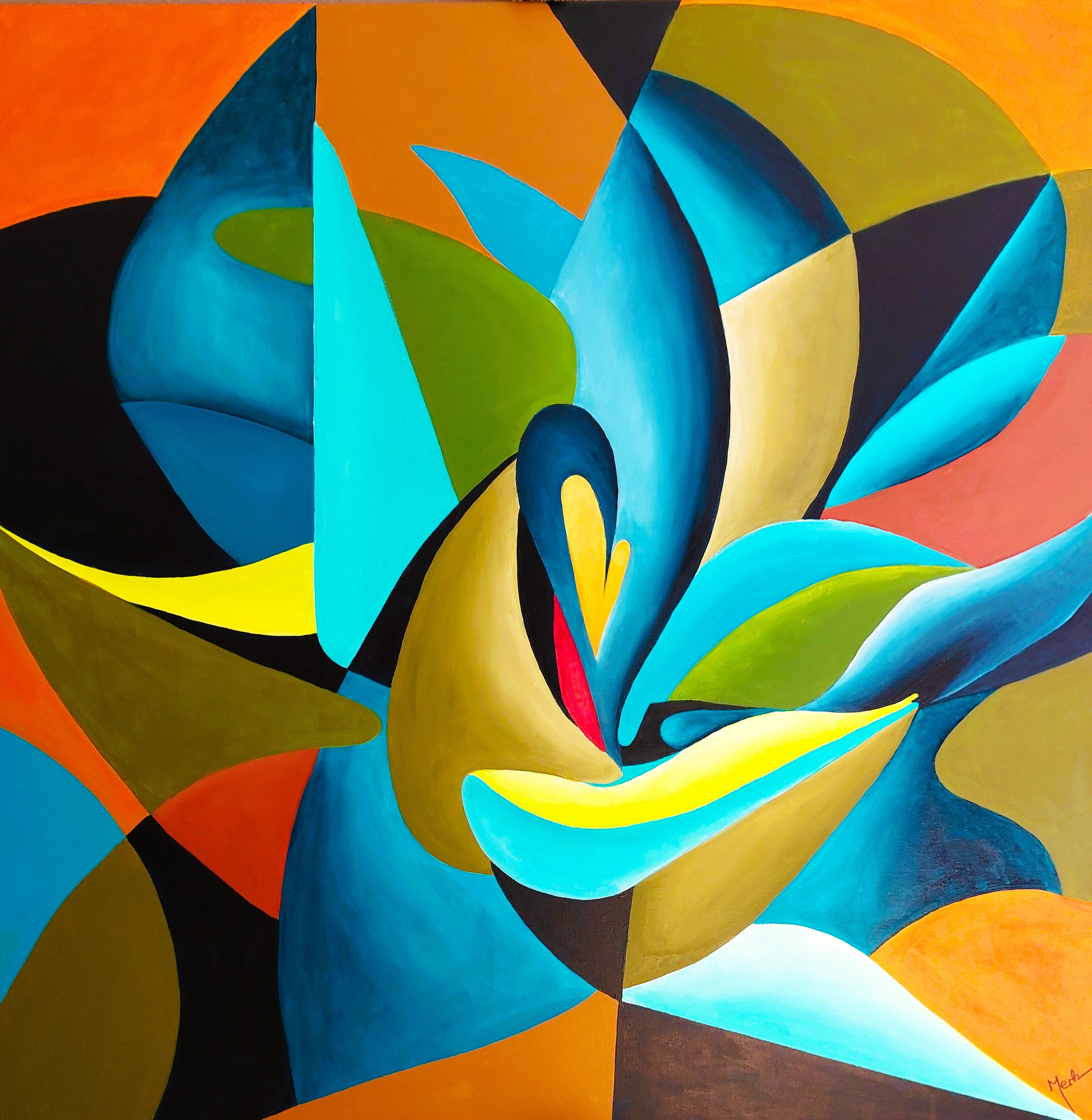A painting of a blue flower on an orange background.