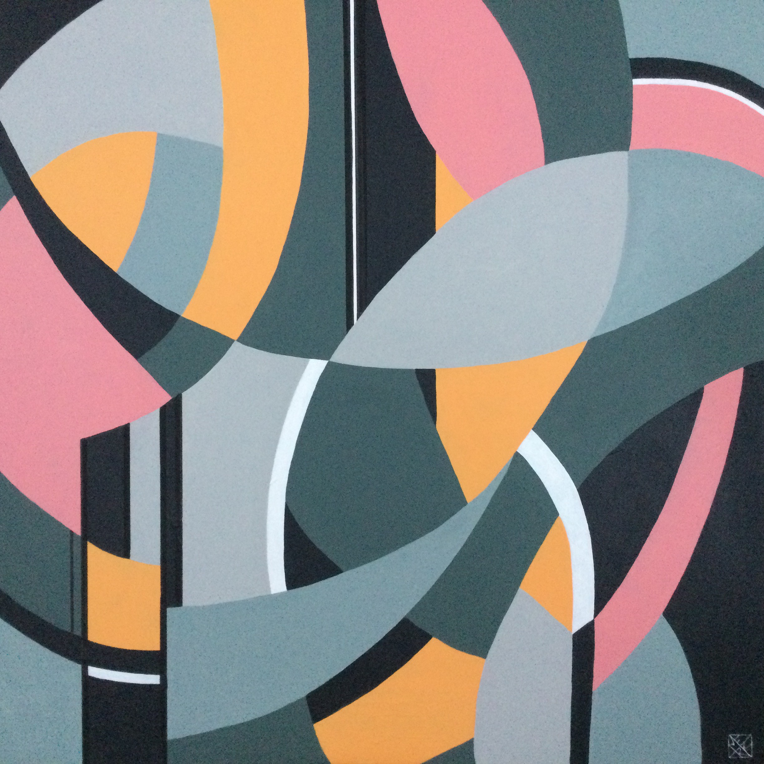 A painting of a colorful abstract design on a black background.