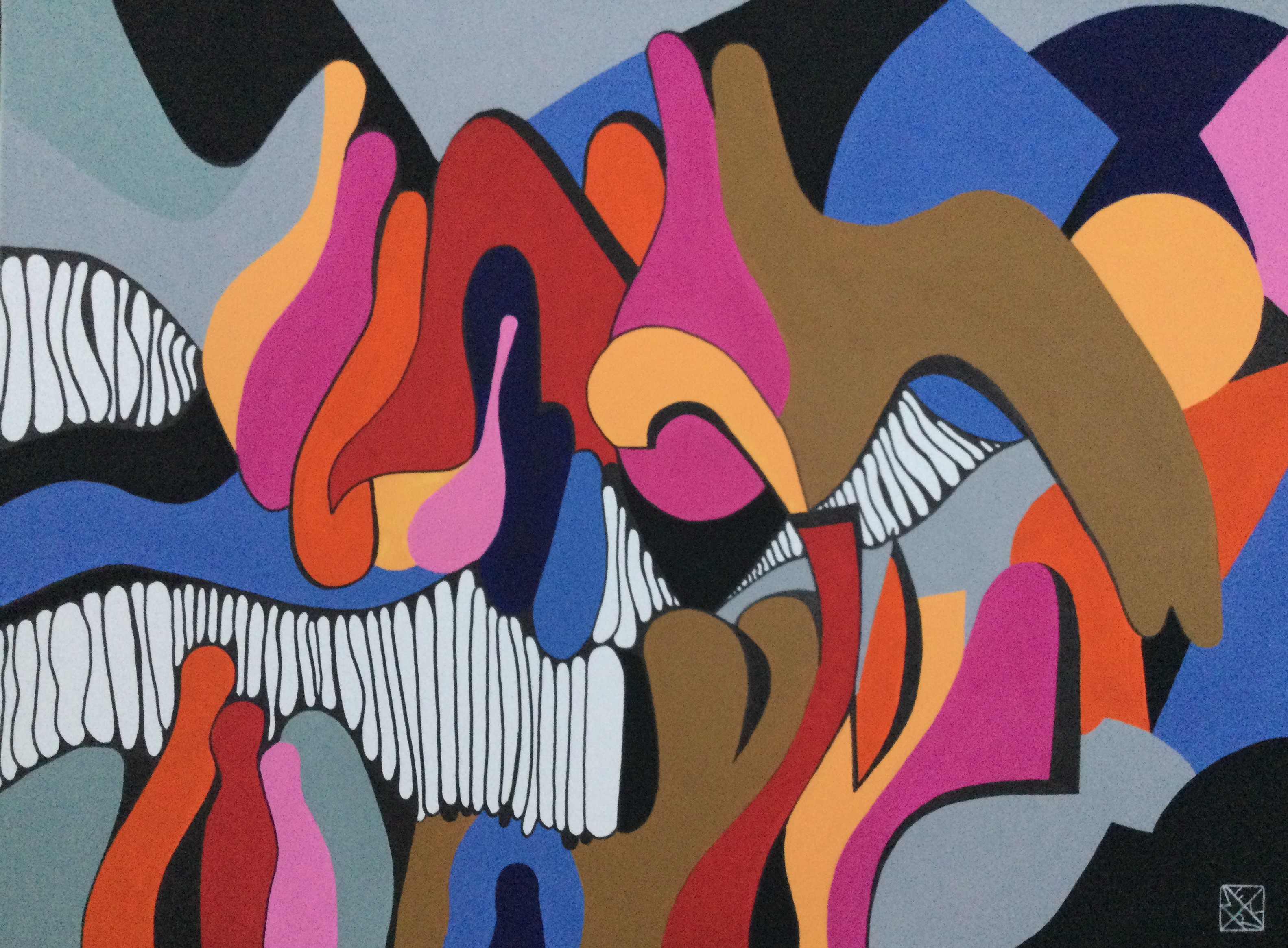 A painting of a group of people in a colorful landscape.