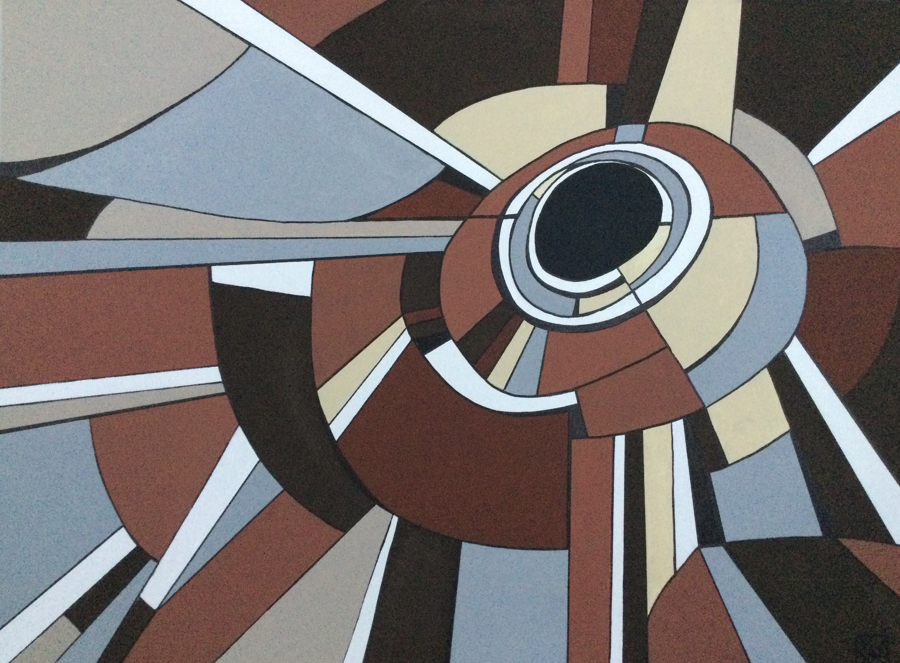 A painting of a circular design with a black hole in the center.
