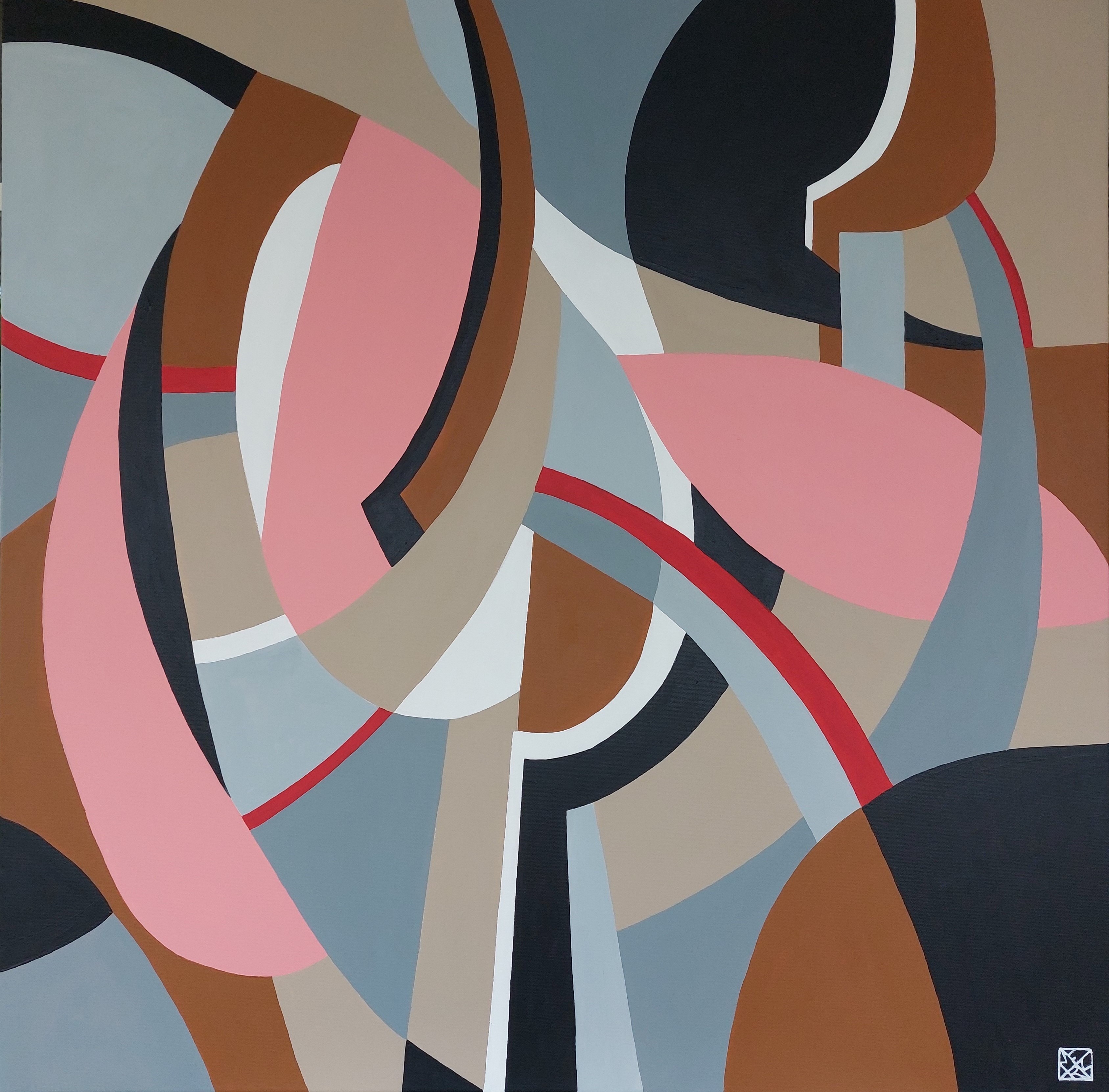 A painting of abstract shapes on a blue background. 