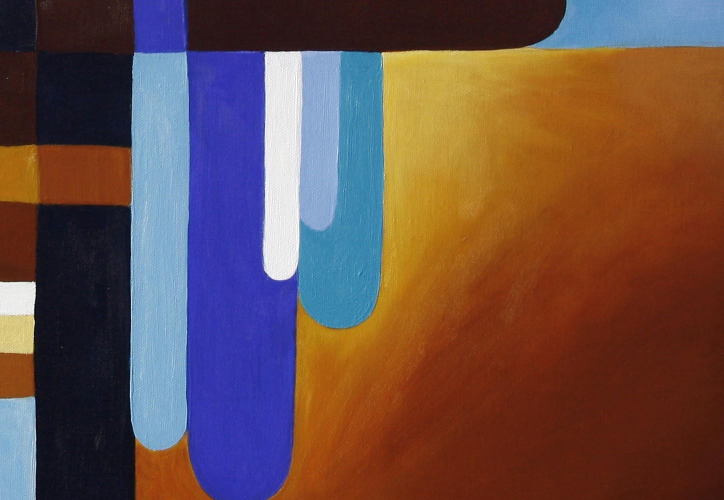 A painting of blue, brown, and white stripes on a brown background.