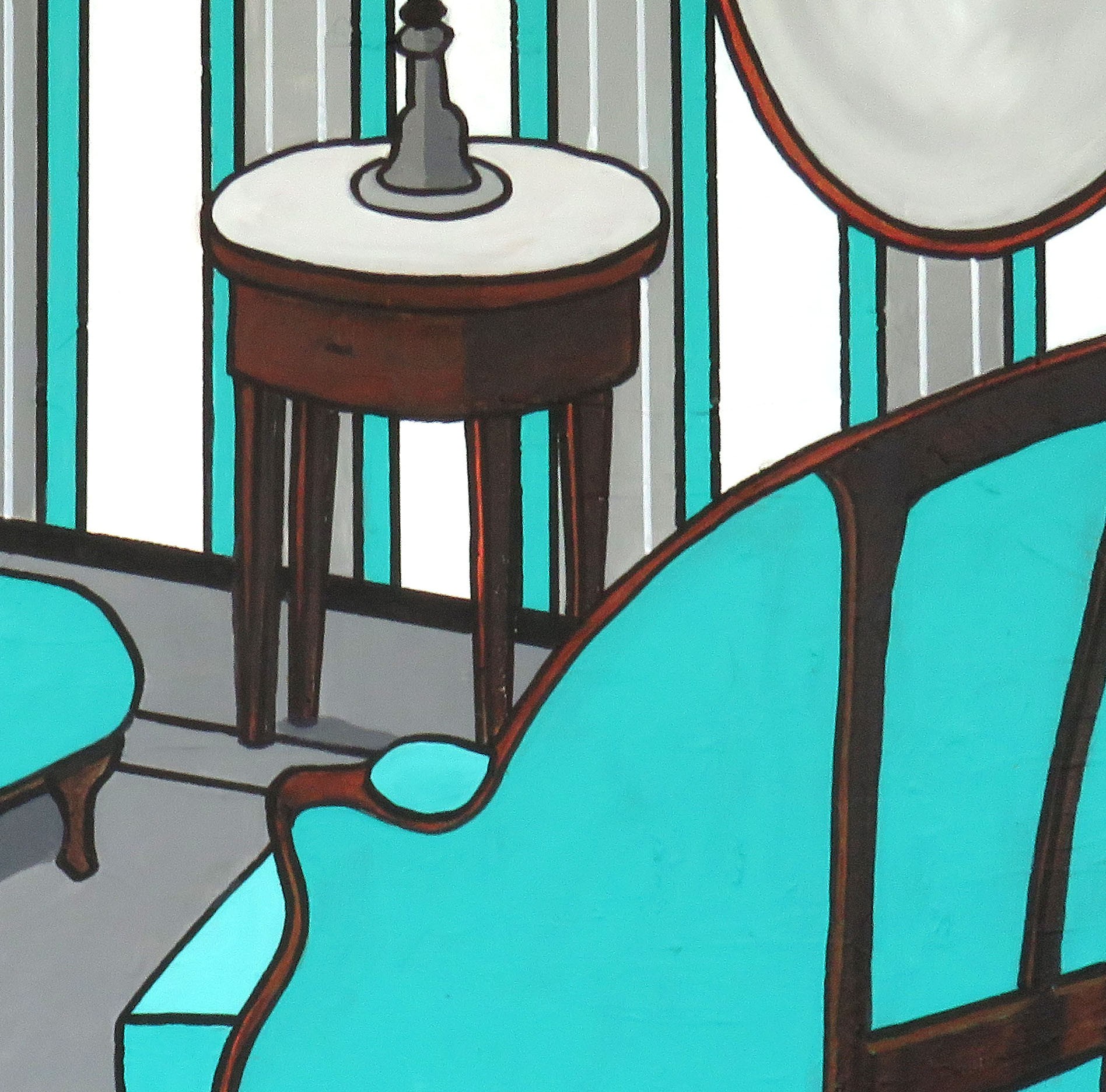 A painting of a blue chair and a table in a room.