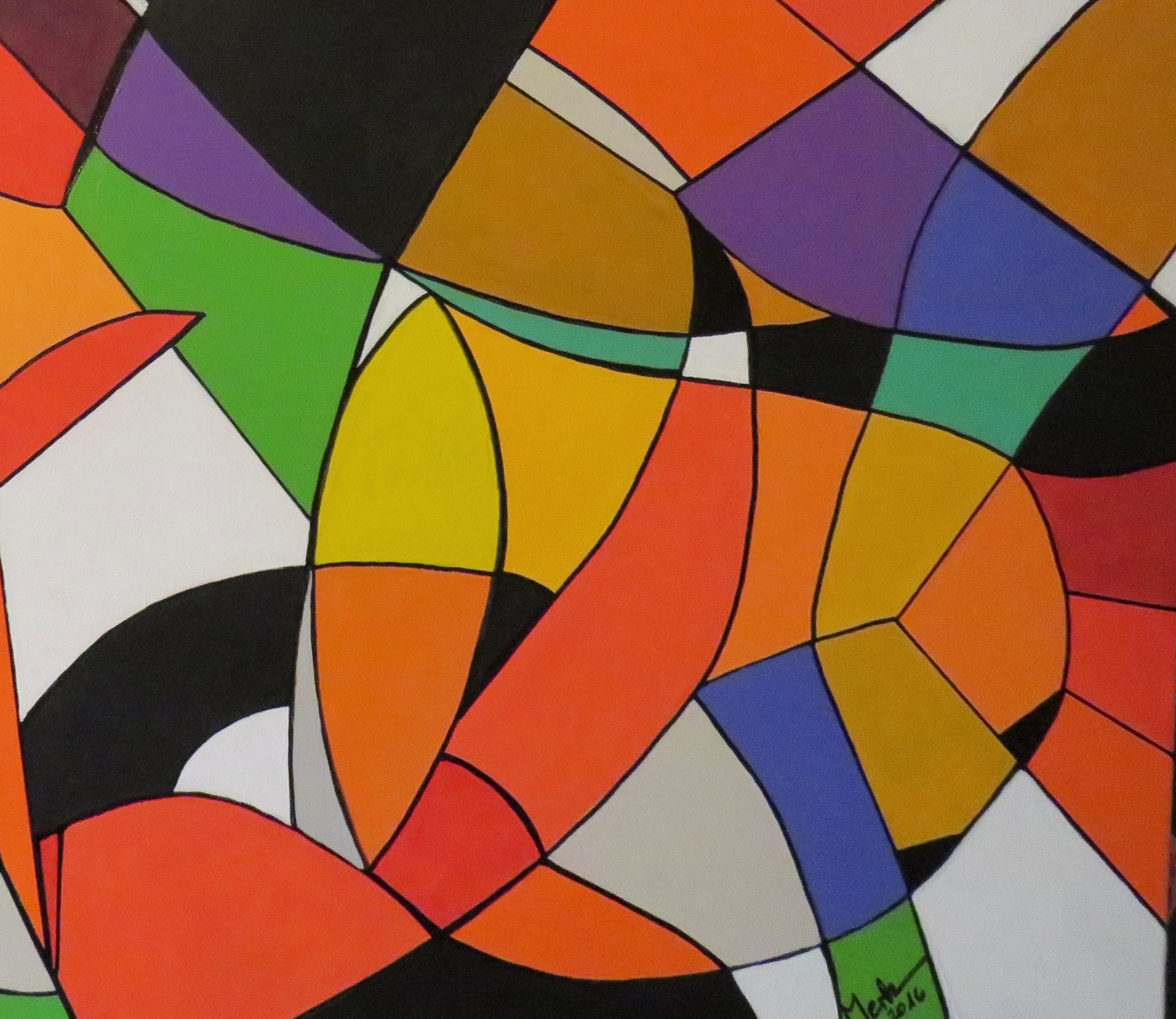 A painting of a colorful abstract design on a black background.
