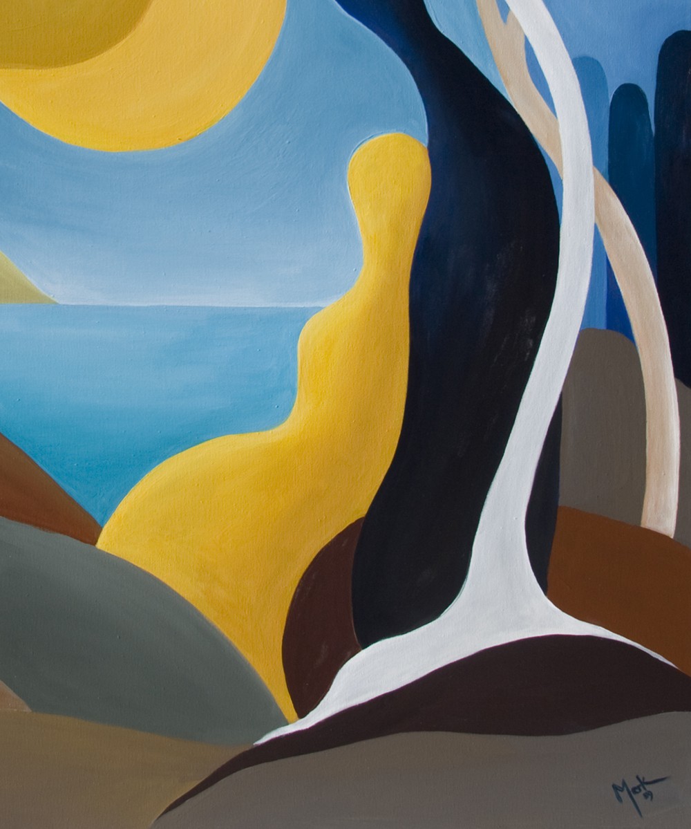 A painting of a landscape with a sun in the background.