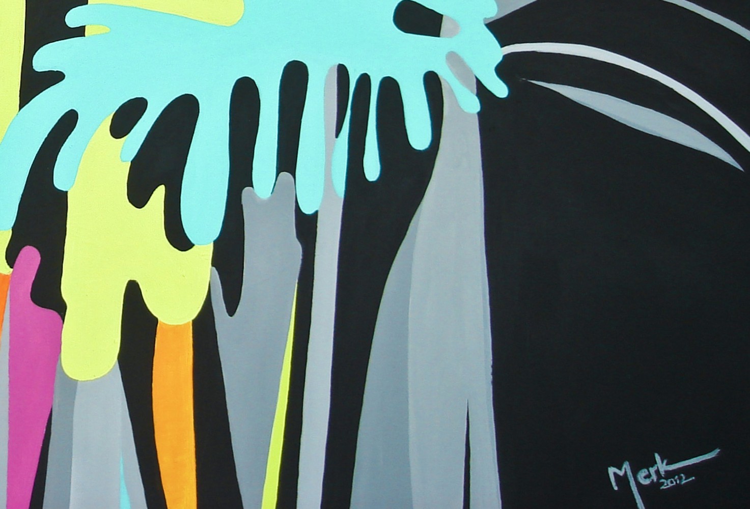 A painting of colorful paint dripping down a black background.