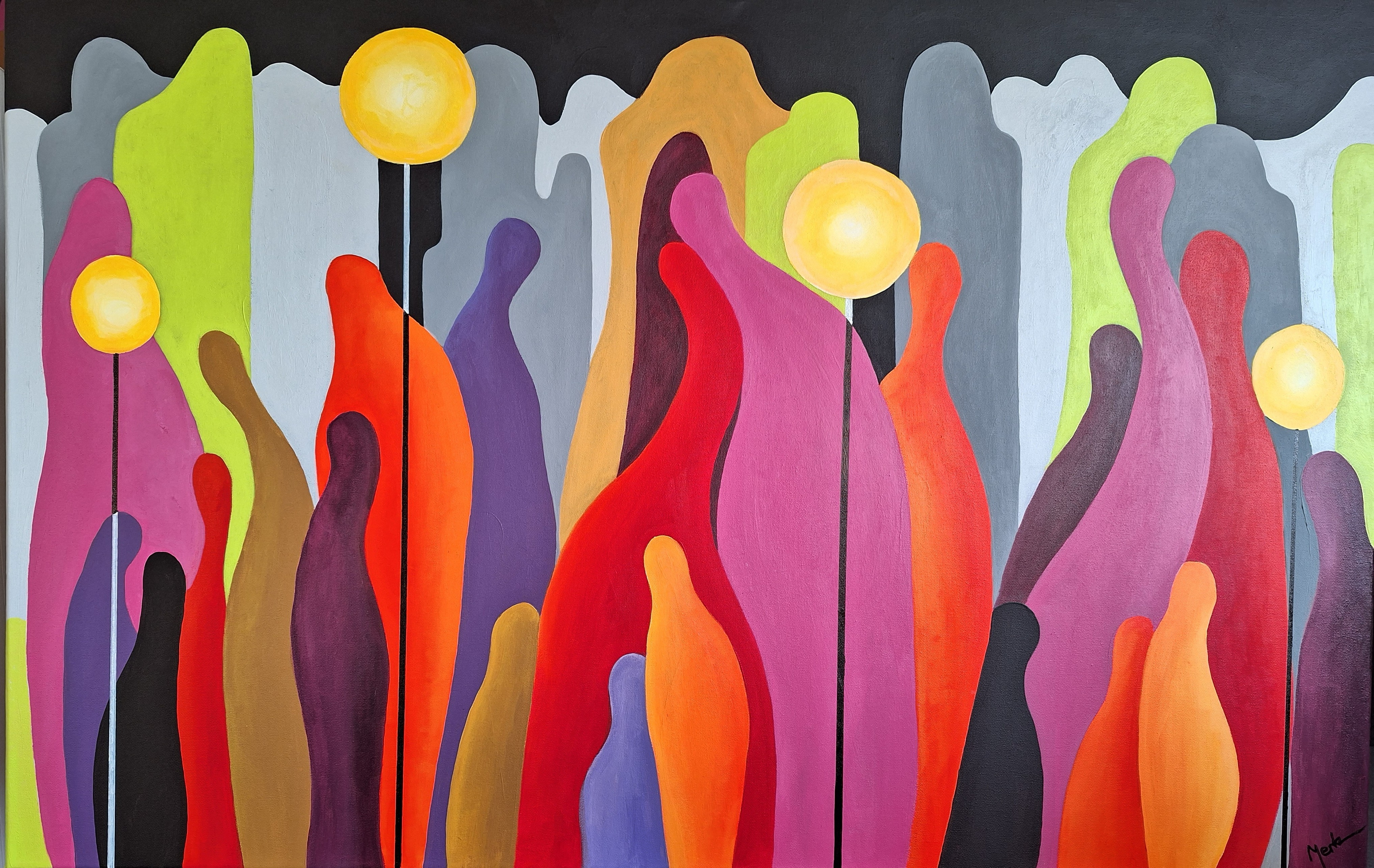 A painting of a group of people standing in front of a black background.