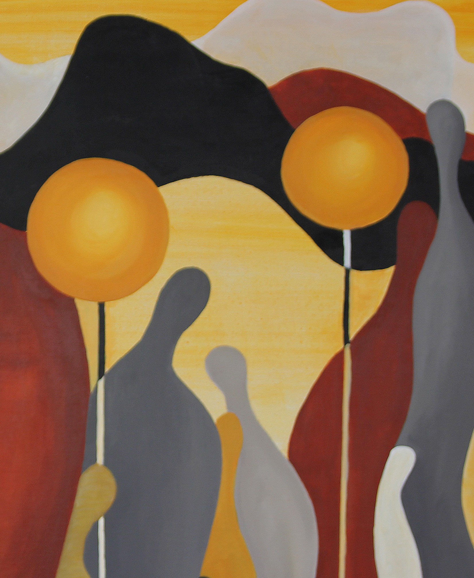A painting of a group of people standing in front of a yellow sun.