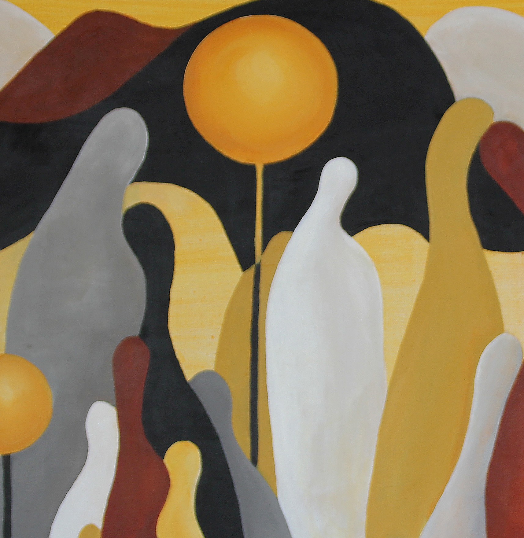 A painting of a group of people standing in front of a yellow sun.