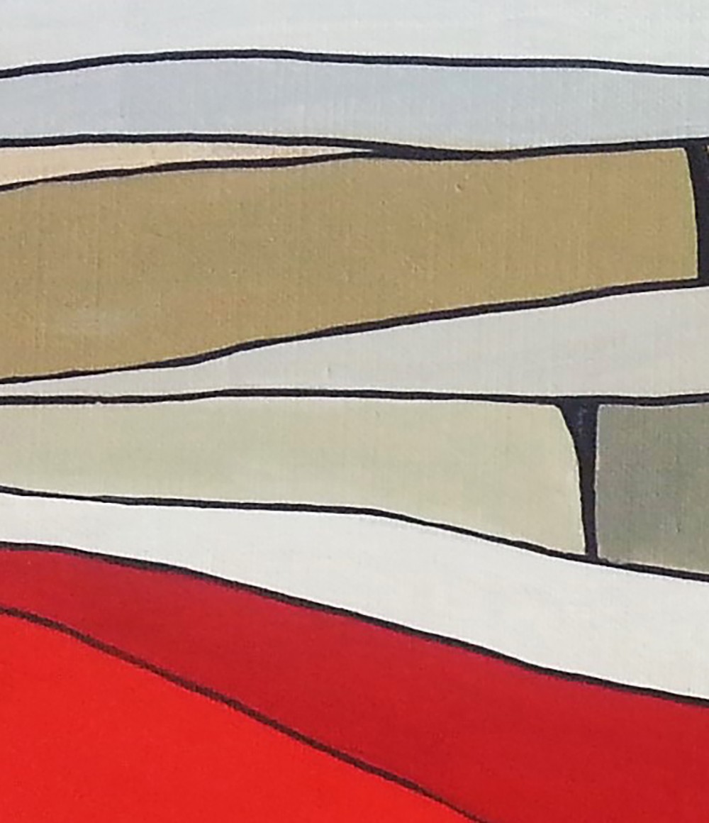 A painting of a red, white, and beige landscape with hills in the background.