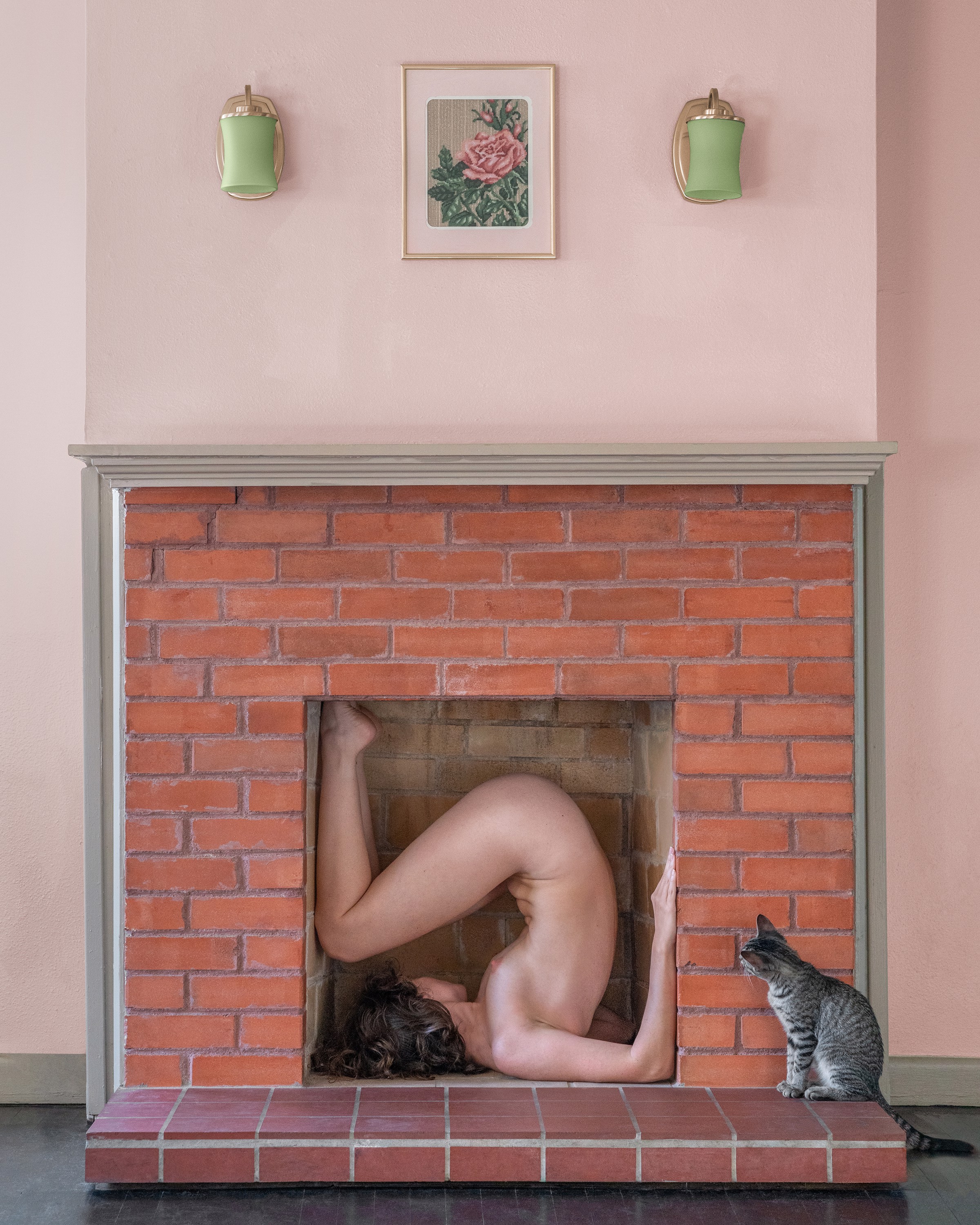 A naked woman laying in a fireplace next to a cat.