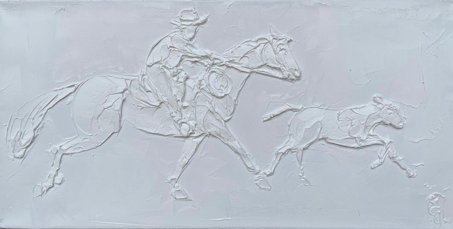 A monochromatic relief sculpture of a rider on horseback chasing a smaller animal.