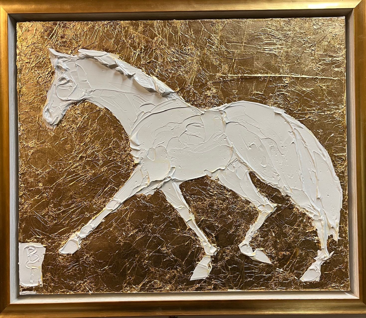 A thick, white horse figure stands against a textured gold background.