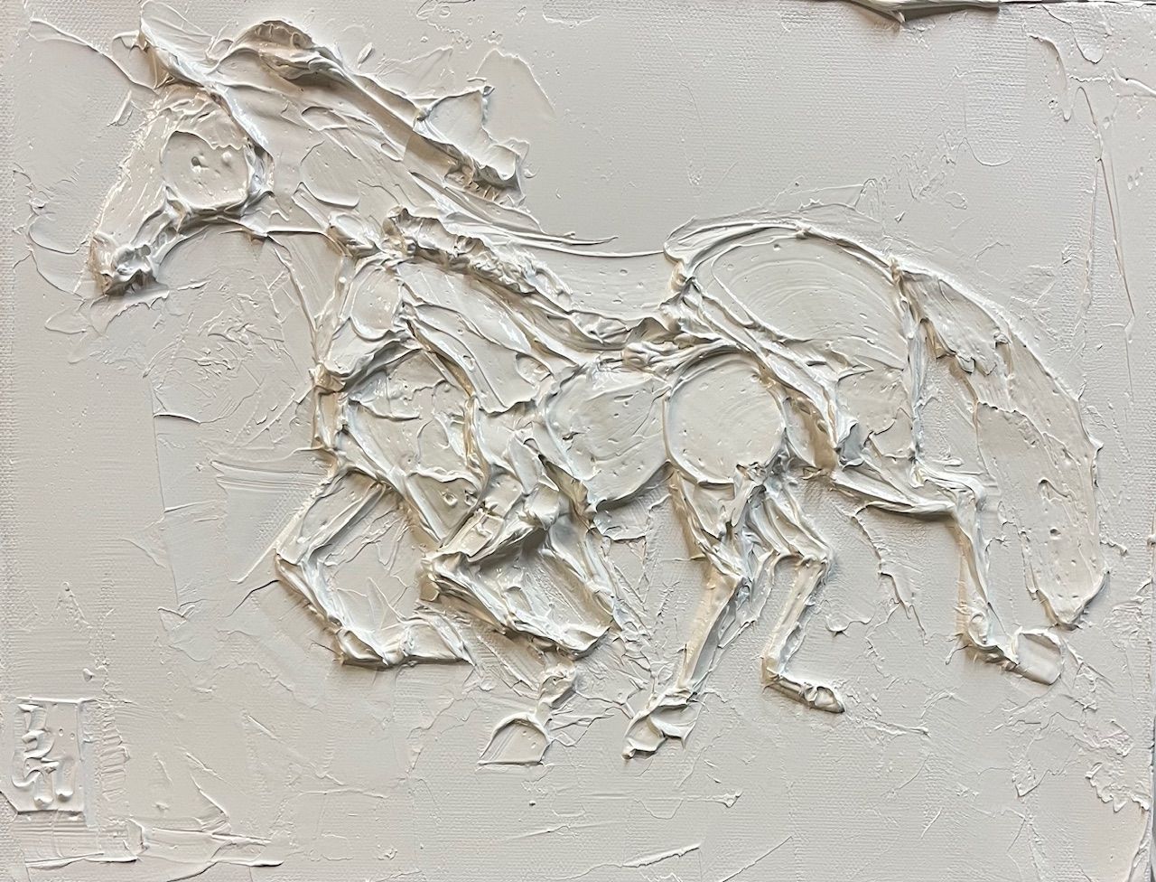 A monochromatic, sculptural painting of a galloping horse rendered in thick impasto.