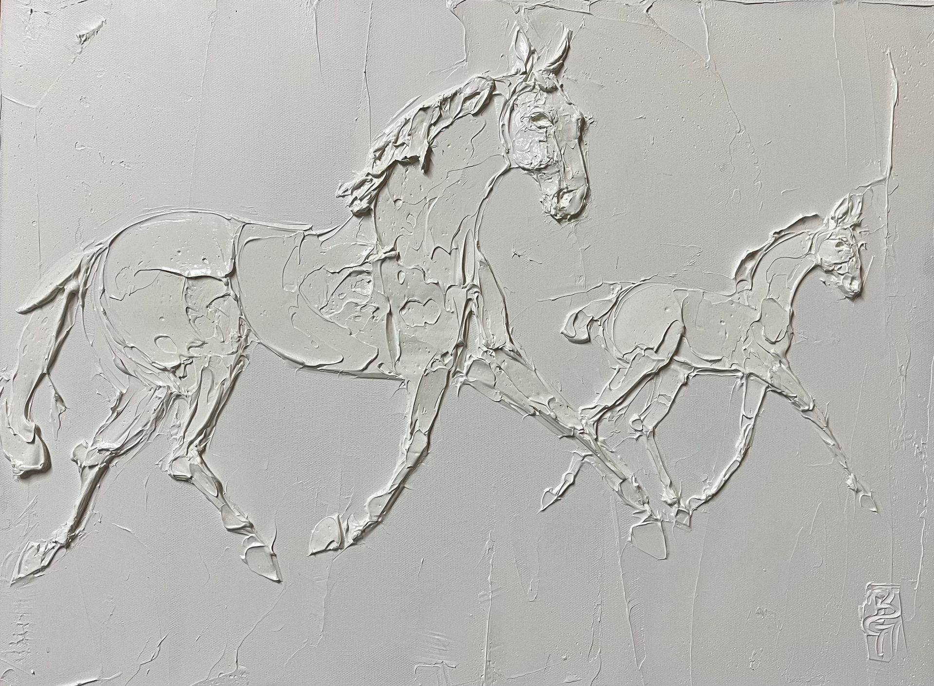 A monochromatic textured painting of a horse and foal in motion.