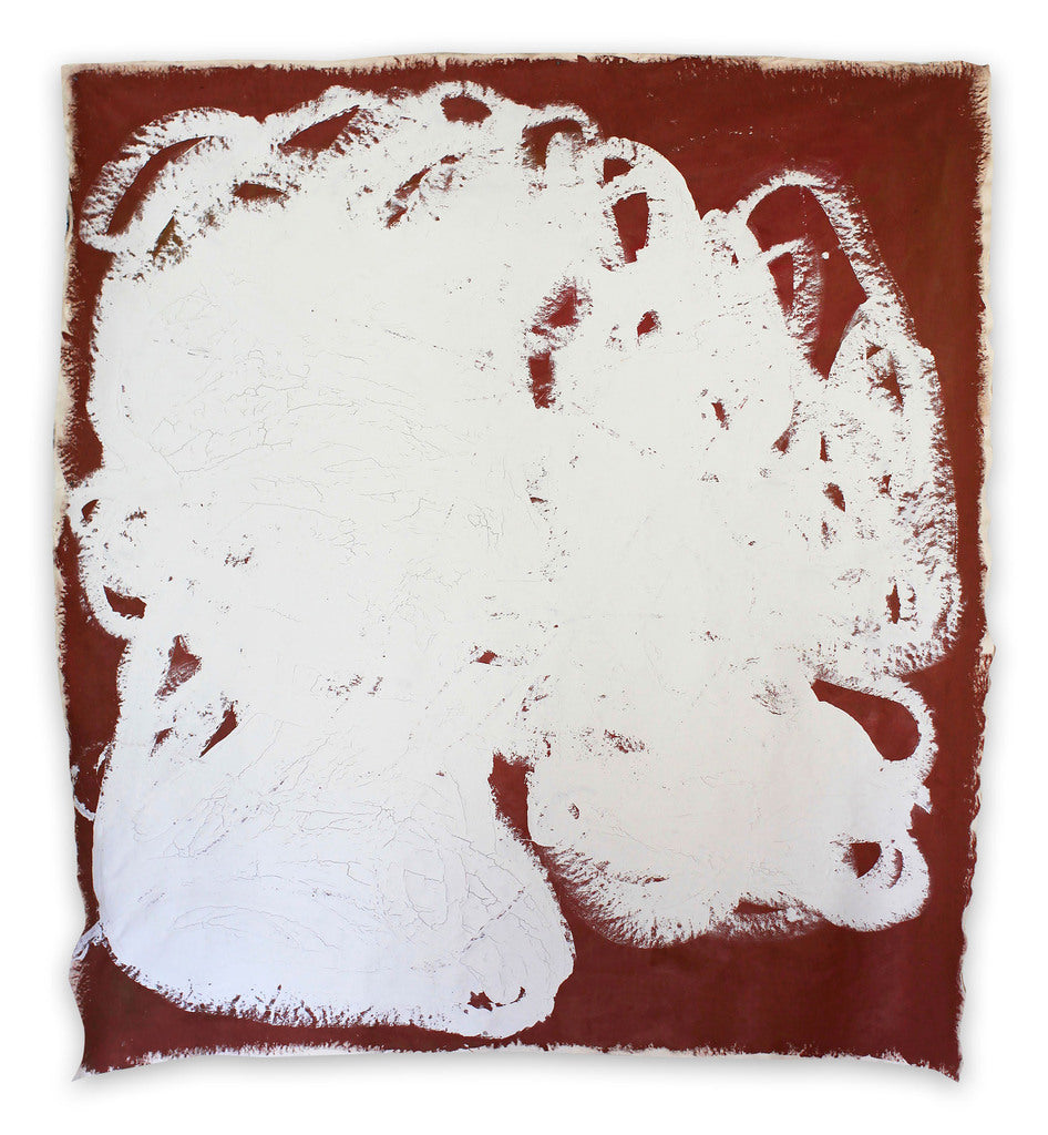 A red and white painting on a white background.