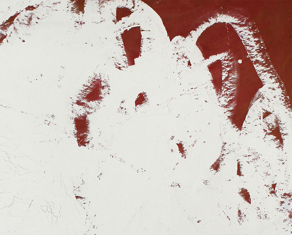 A red and white painting on a white background.