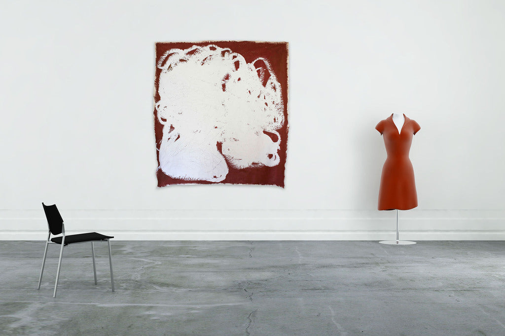A red and white painting on a white background.