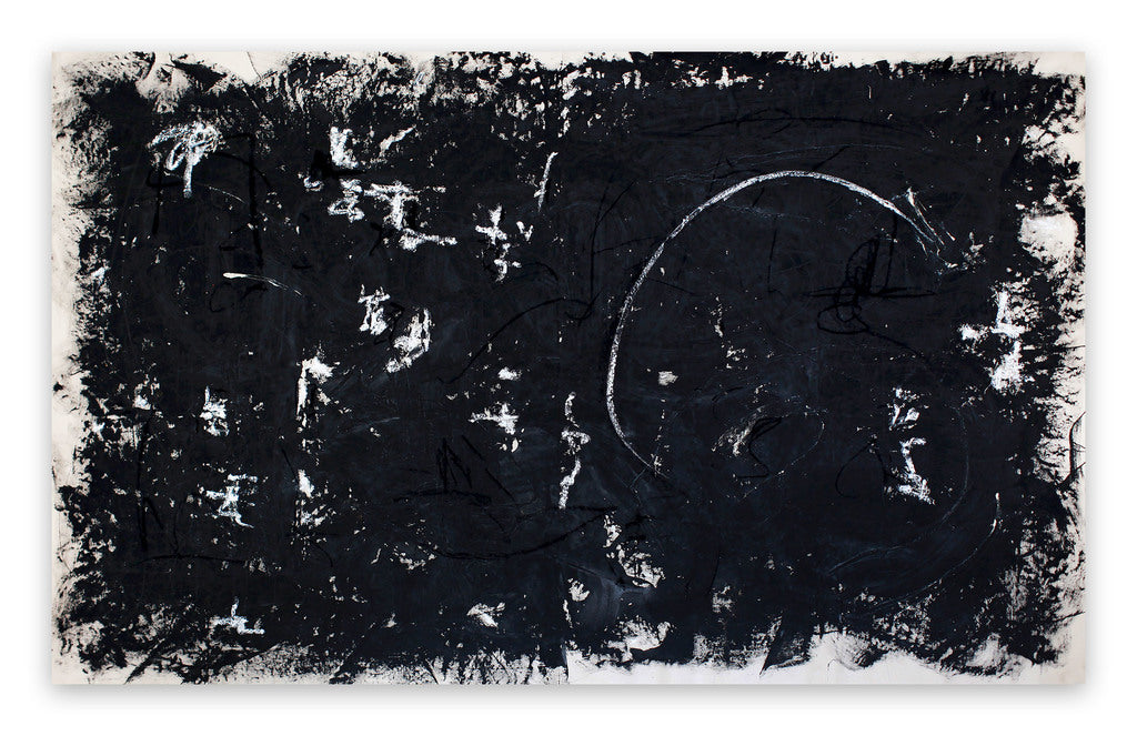 A black and white painting on a white wall.