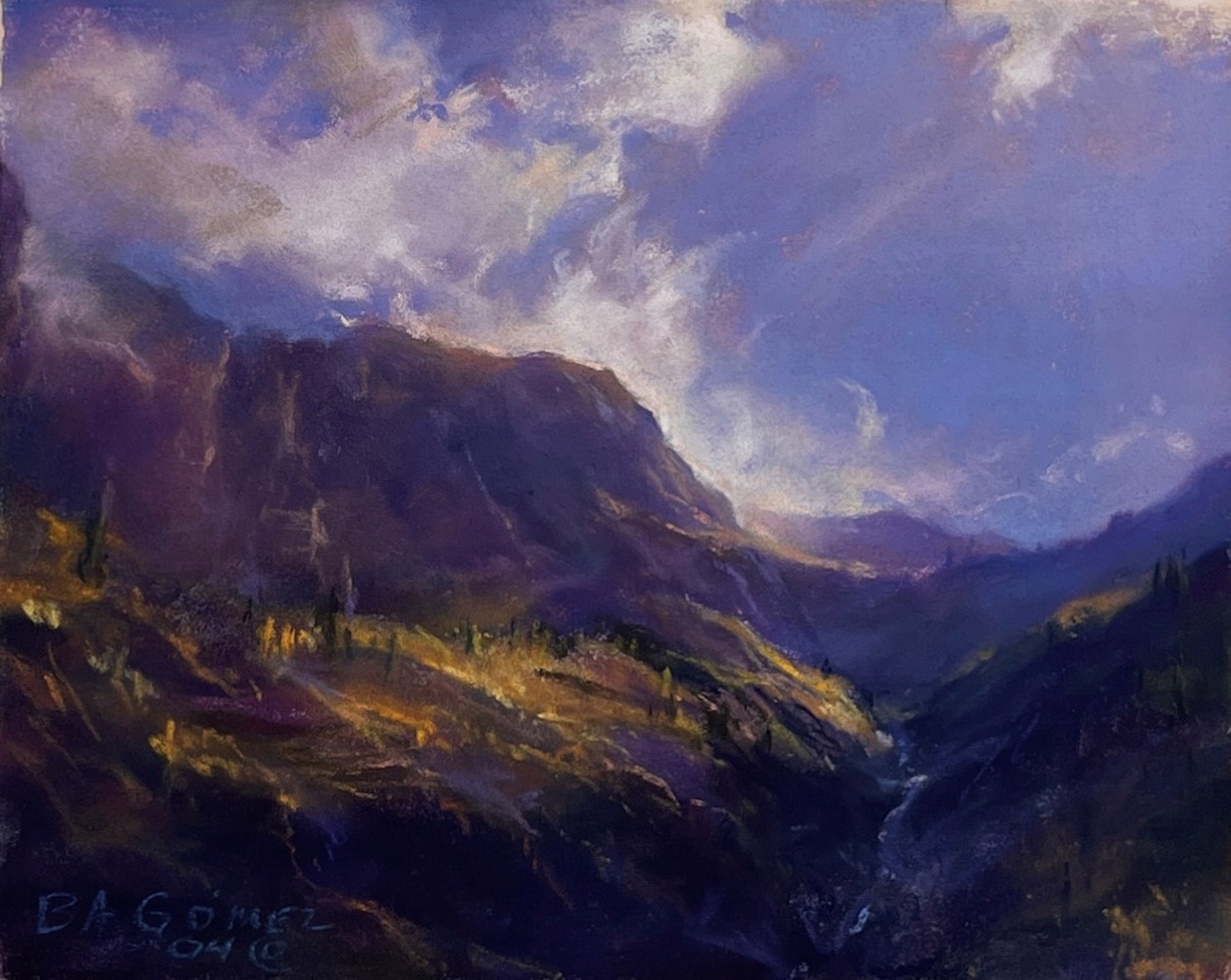 A painting of a mountain landscape with a cloudy sky.