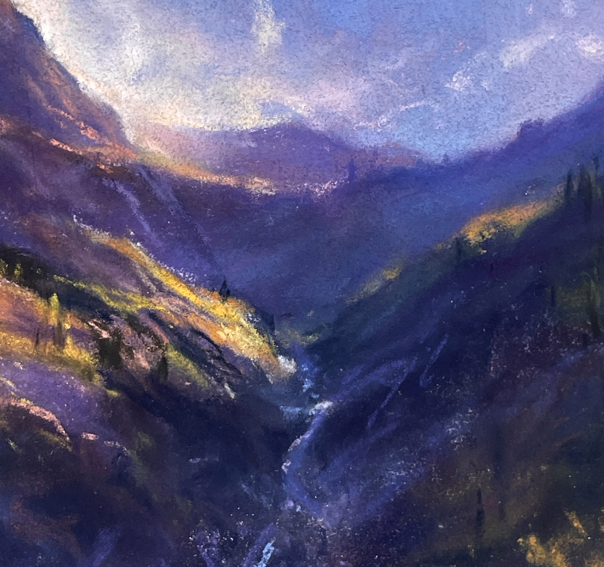 A painting of a mountain landscape with a cloudy sky.
