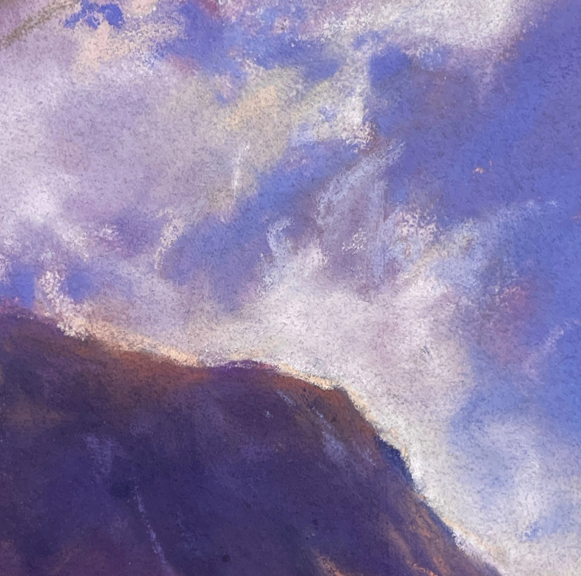 A painting of a mountain landscape with a cloudy sky.