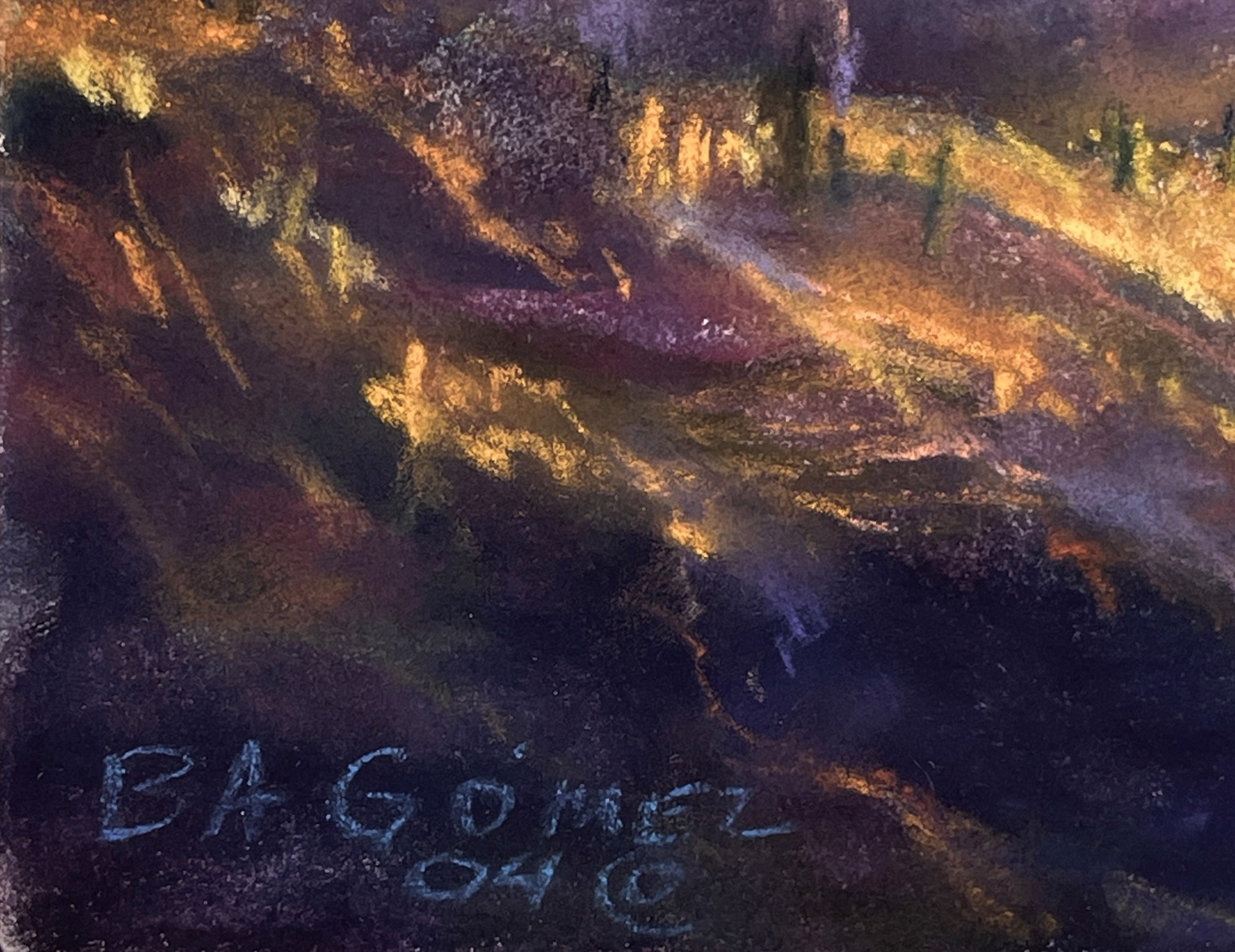A painting of a mountain landscape with a cloudy sky.