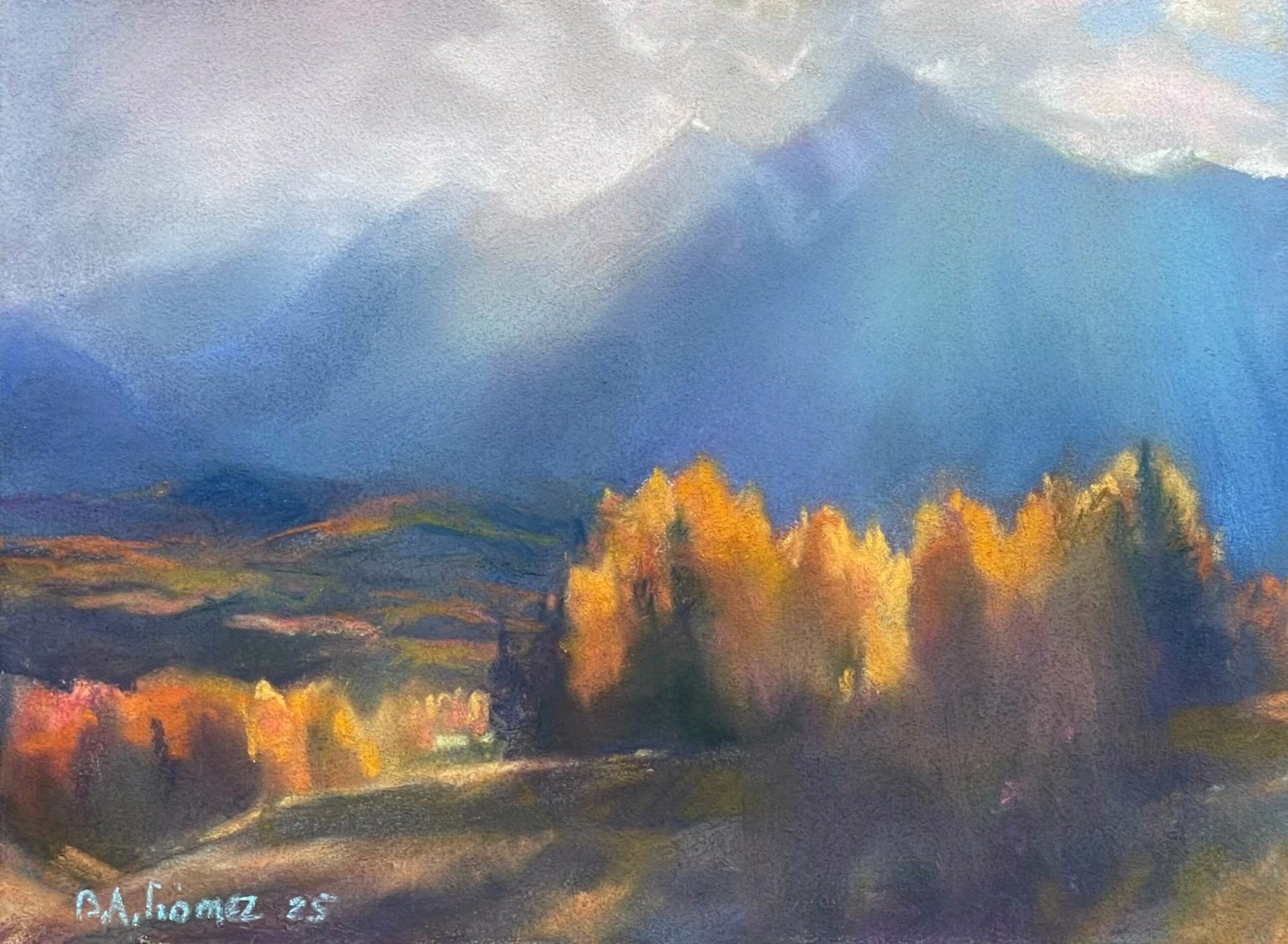 A pastel landscape painting of a sunlit valley with golden trees and distant mountains.