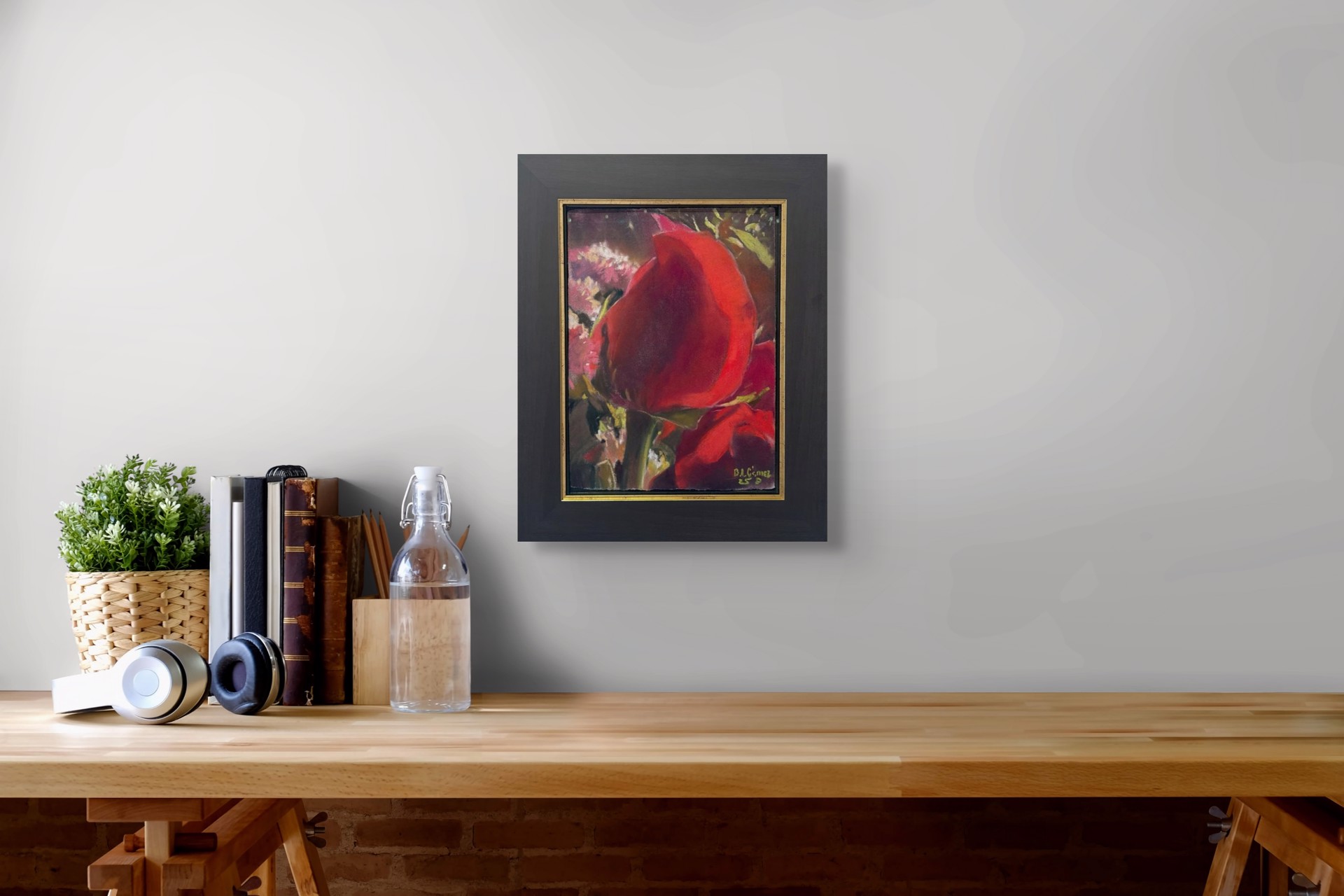A painting of a red rose in a vase of flowers.