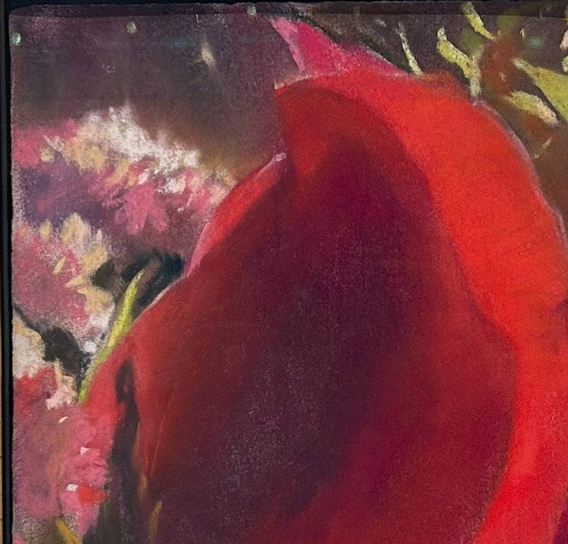 A painting of a red rose in a vase of flowers.