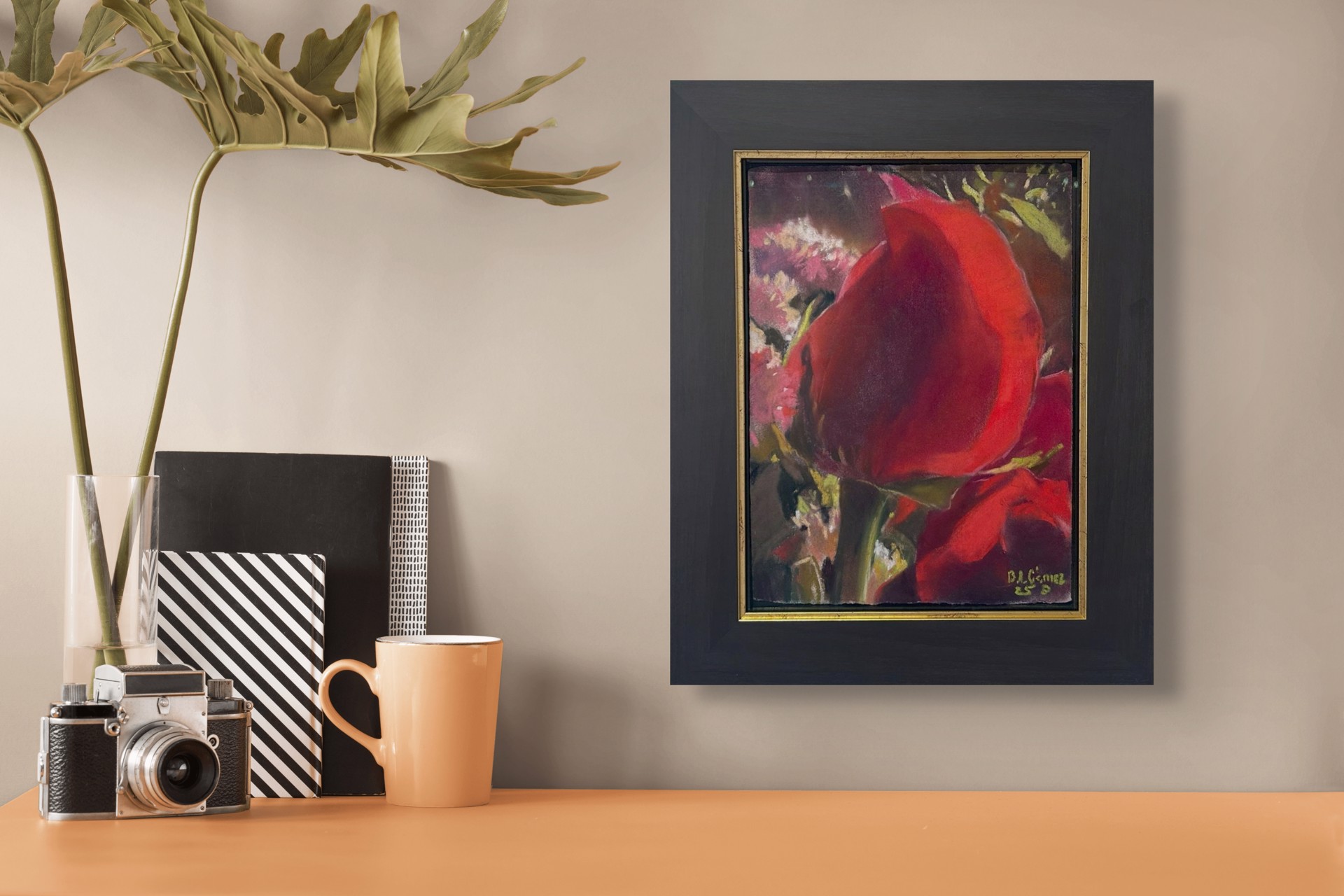 A painting of a red rose in a vase of flowers.