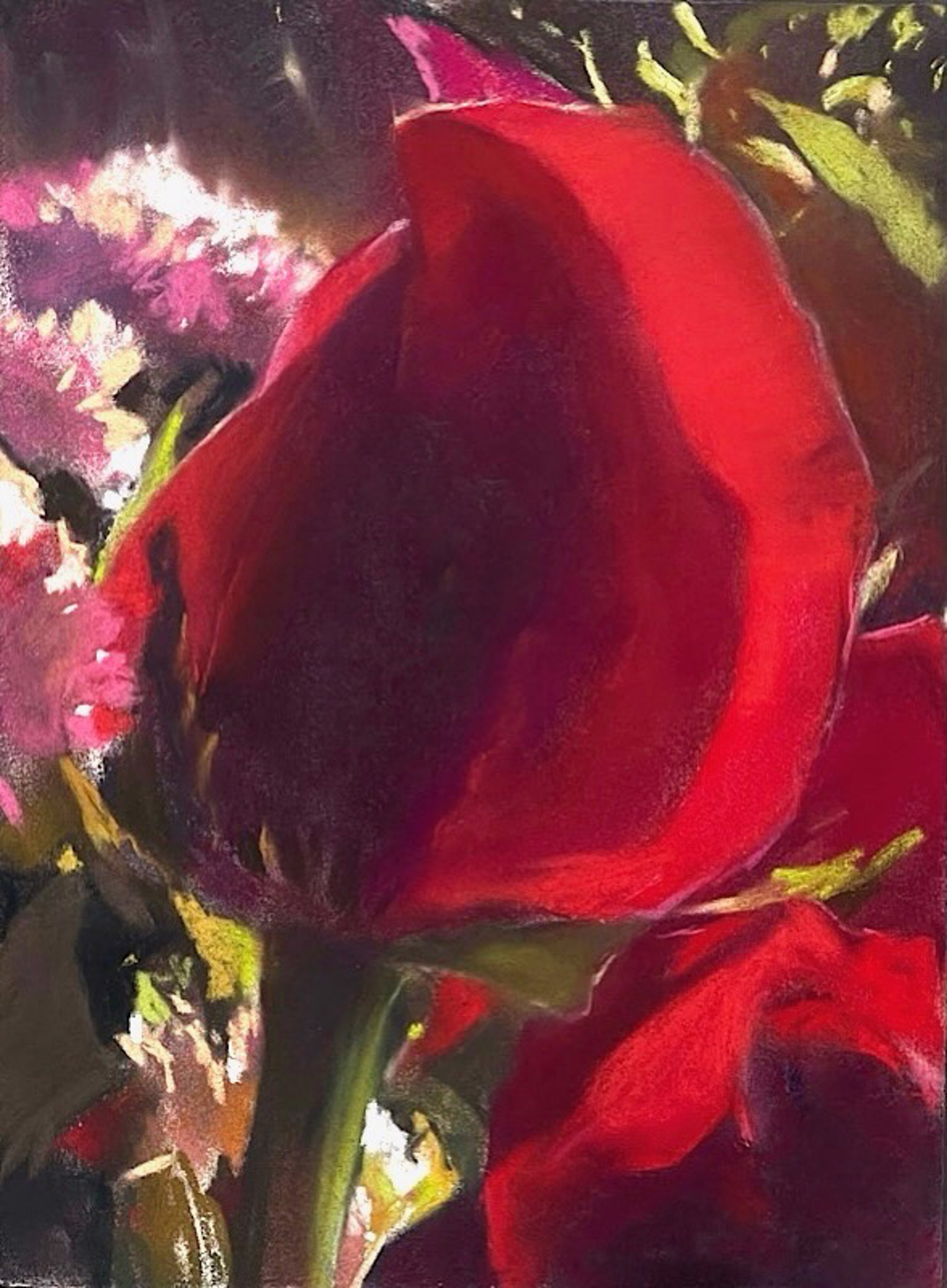 A painting of a red rose in a vase of flowers.