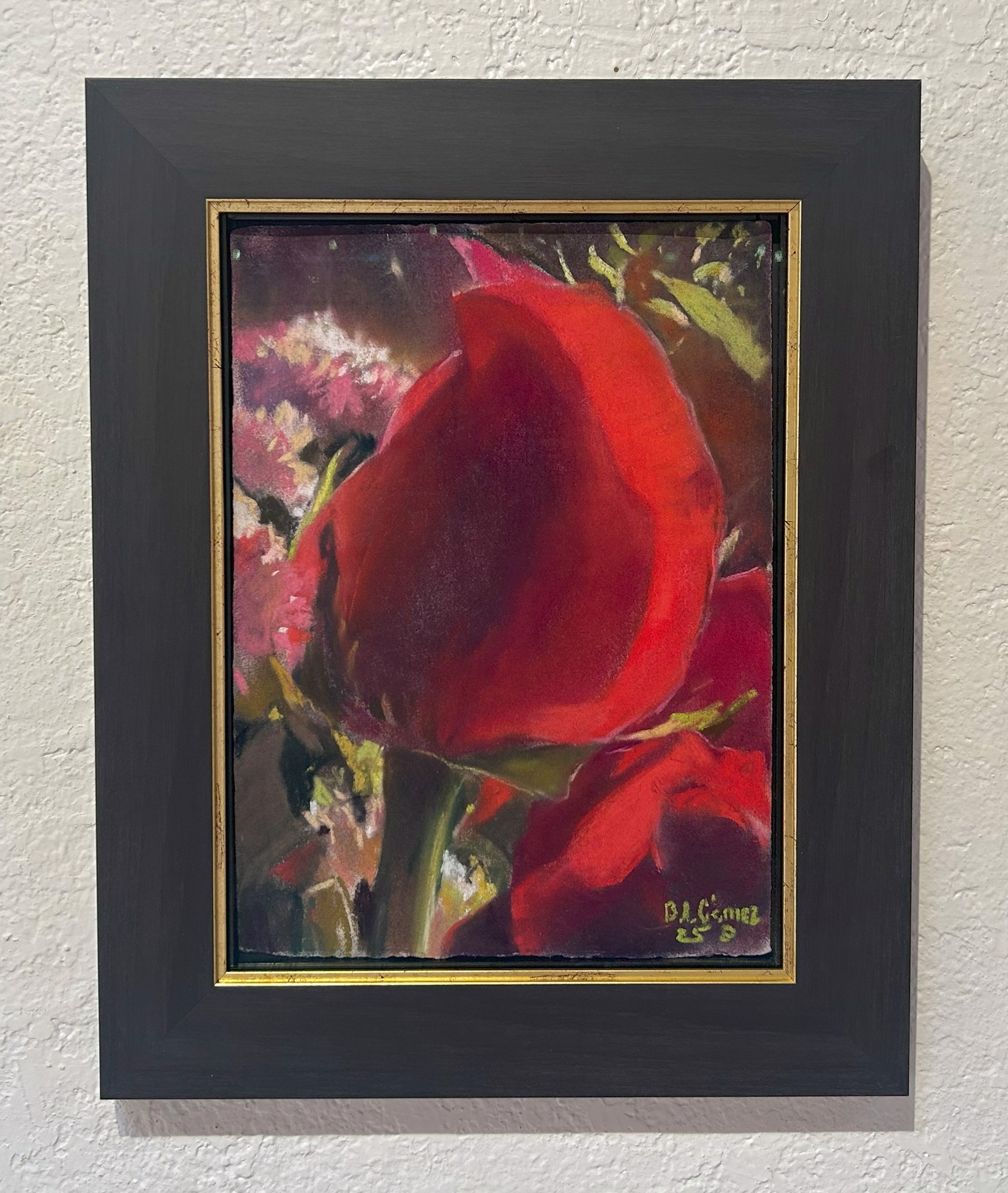 A painting of a red rose in a vase of flowers.