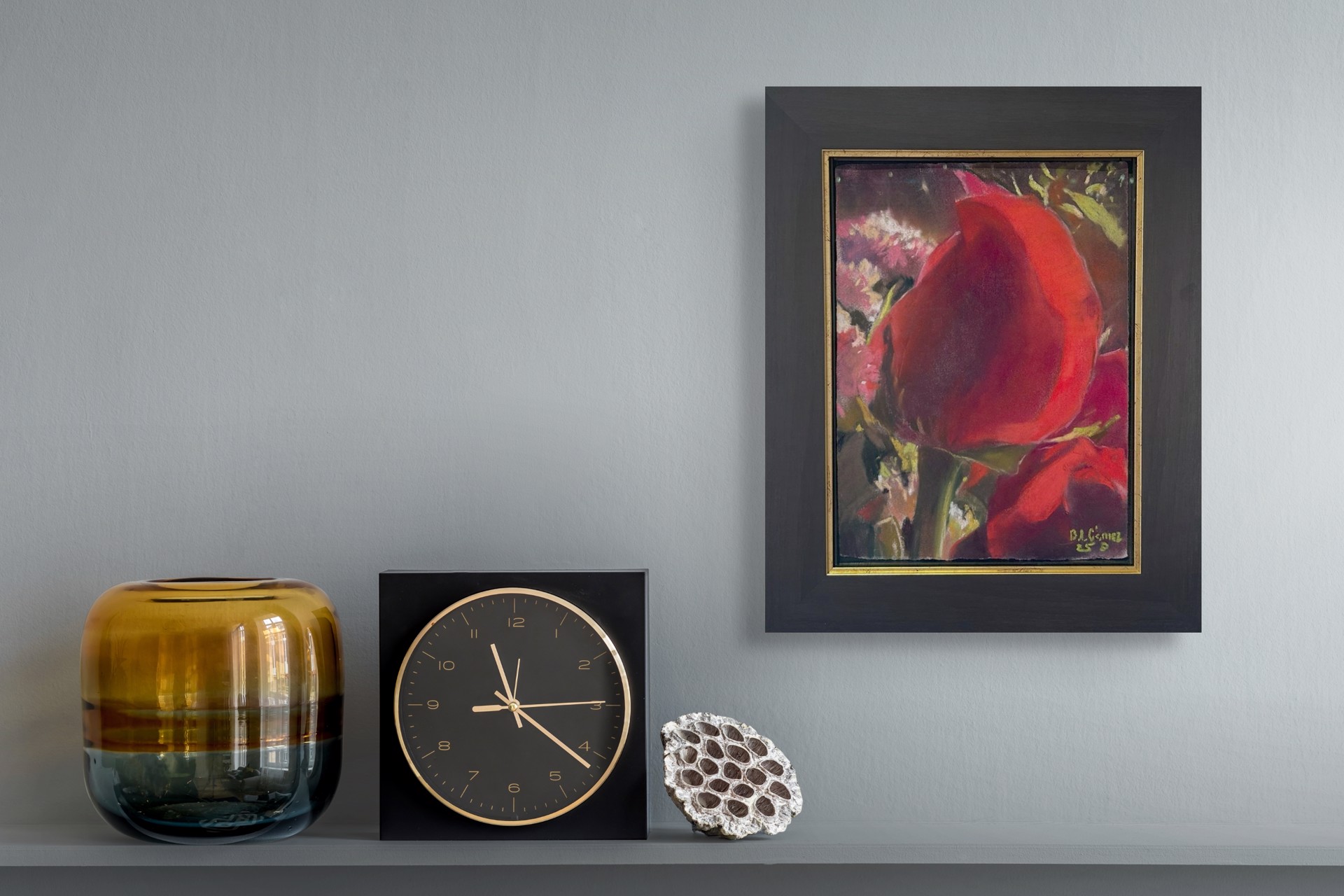 A painting of a red rose in a vase of flowers.