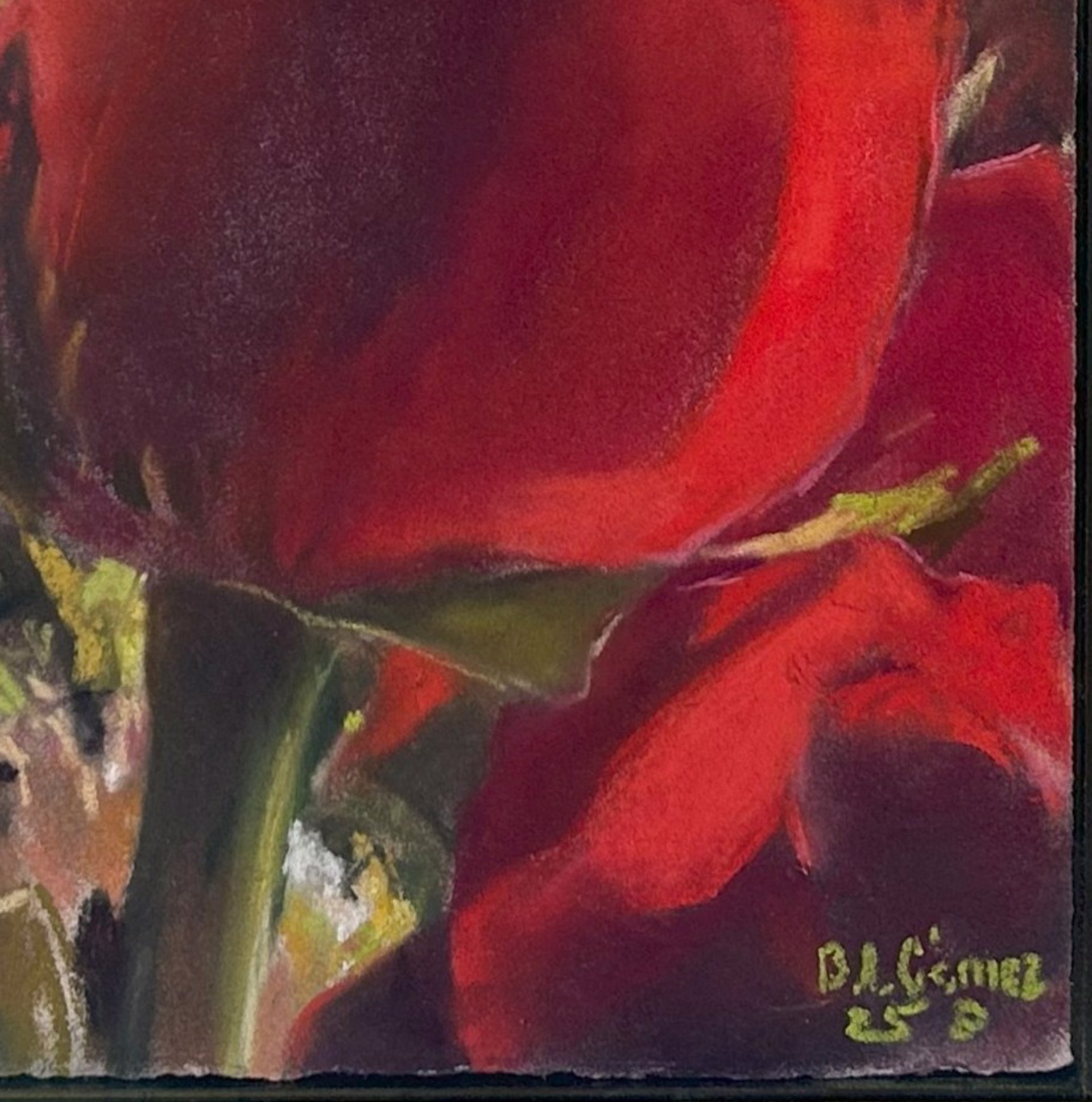A painting of a red rose in a vase of flowers.