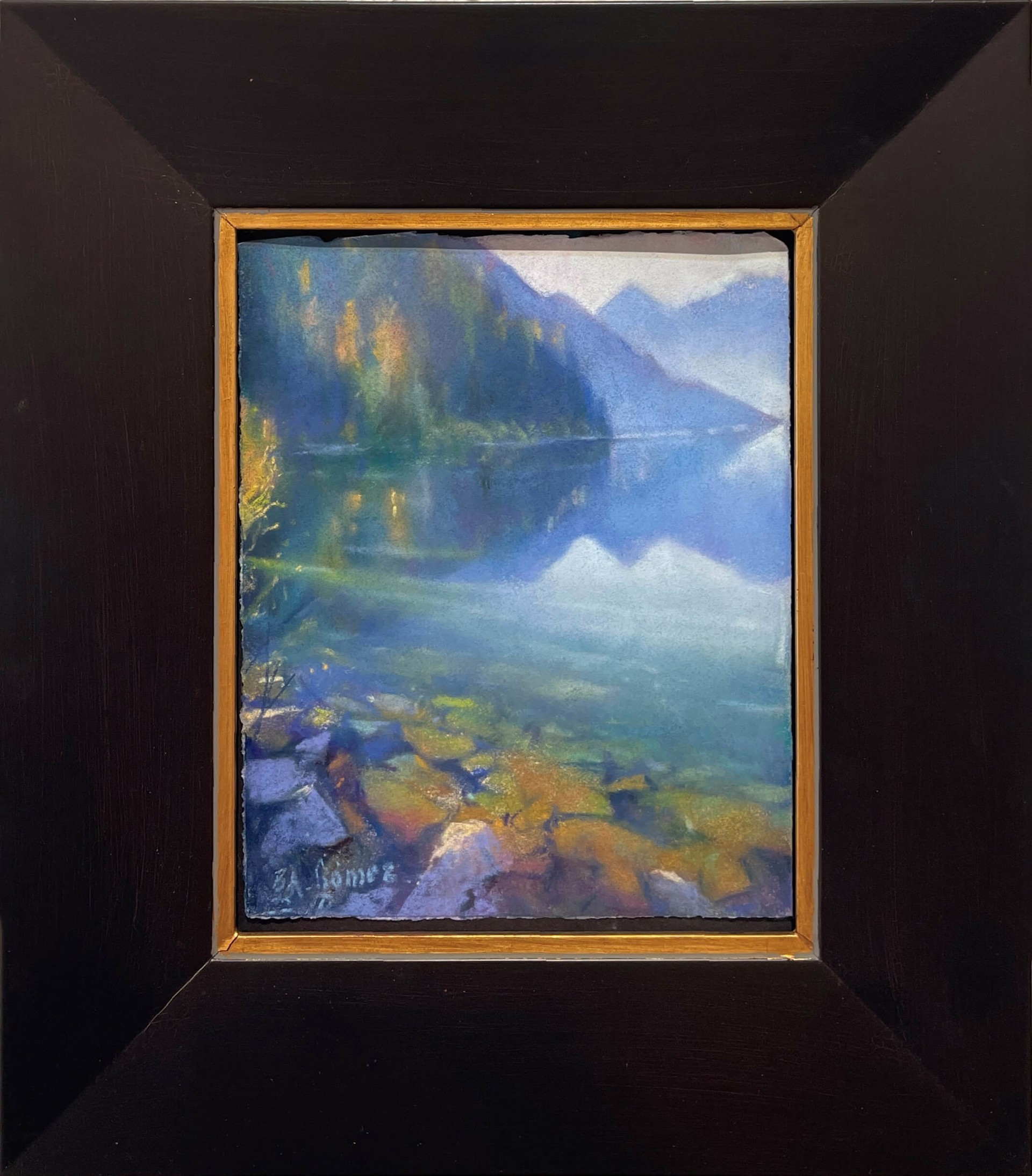 A painting of a lake with mountains in the background.