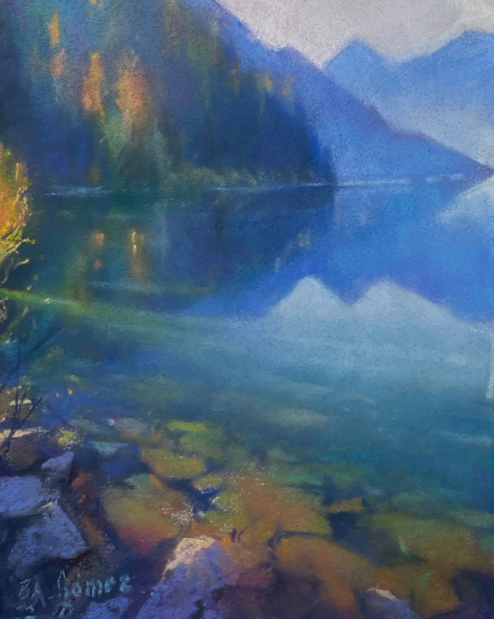 A painting of a lake with mountains in the background.