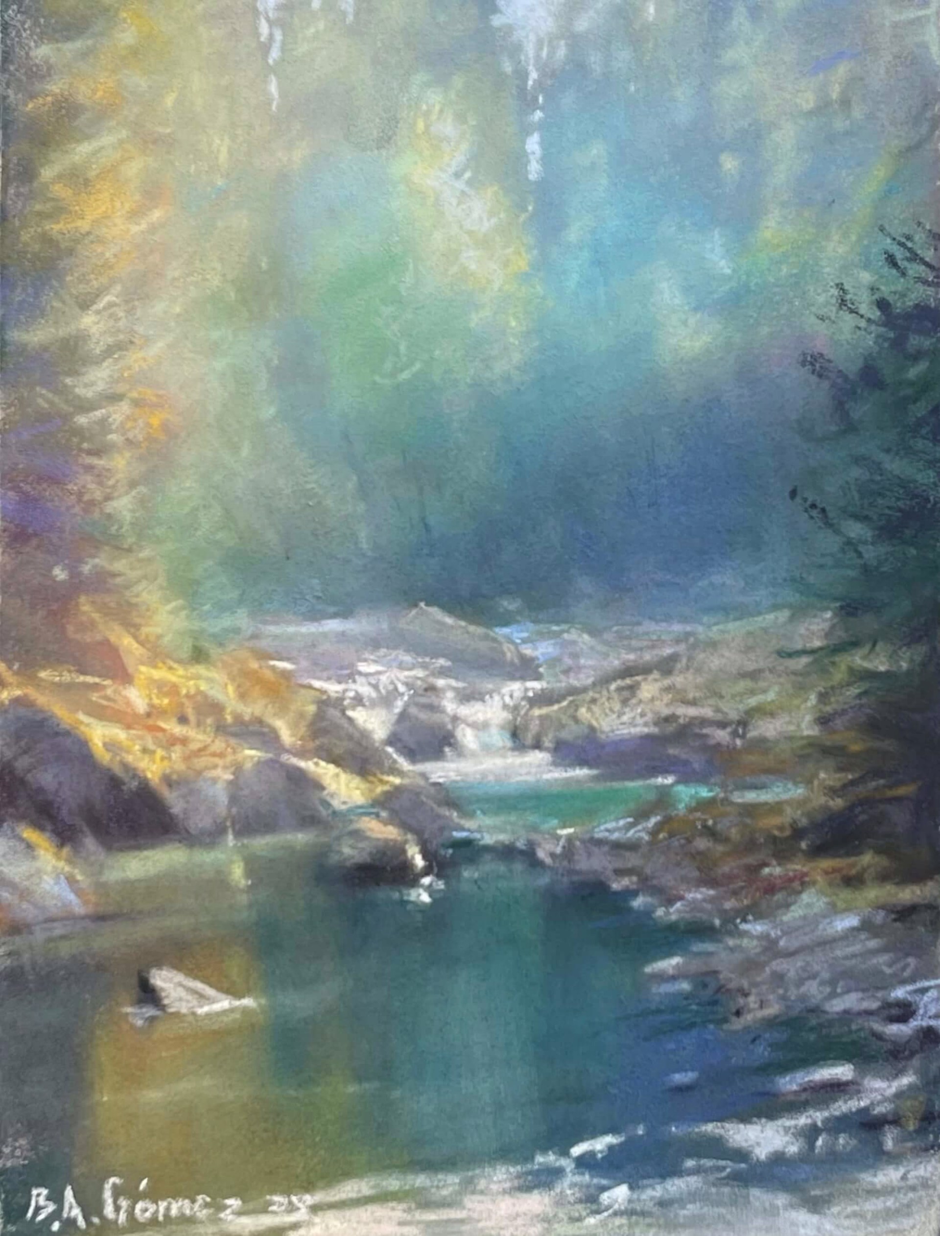 A watercolor landscape of a sunlit stream flowing through a rocky forest.