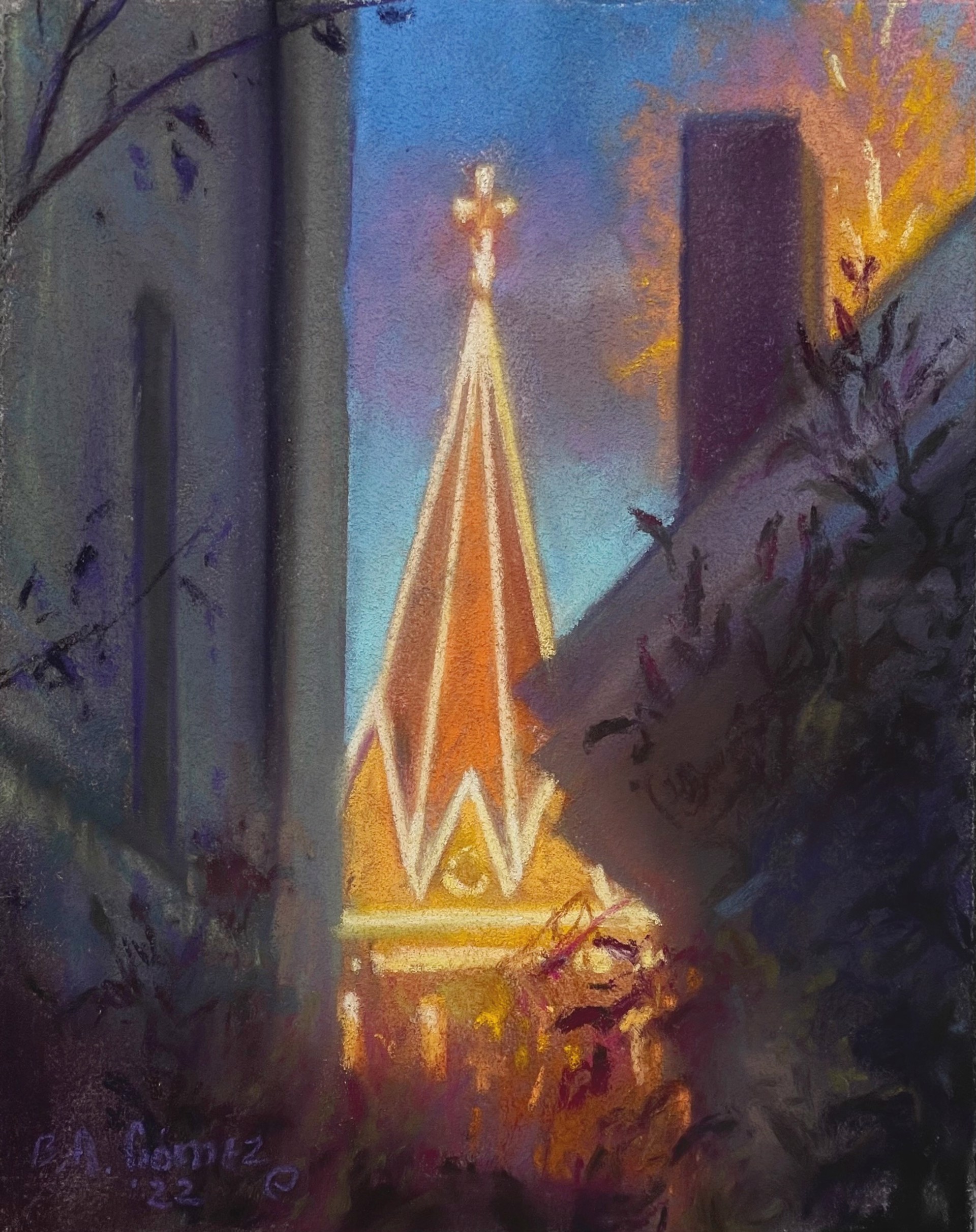 A painting of a church with a cross on top of it.