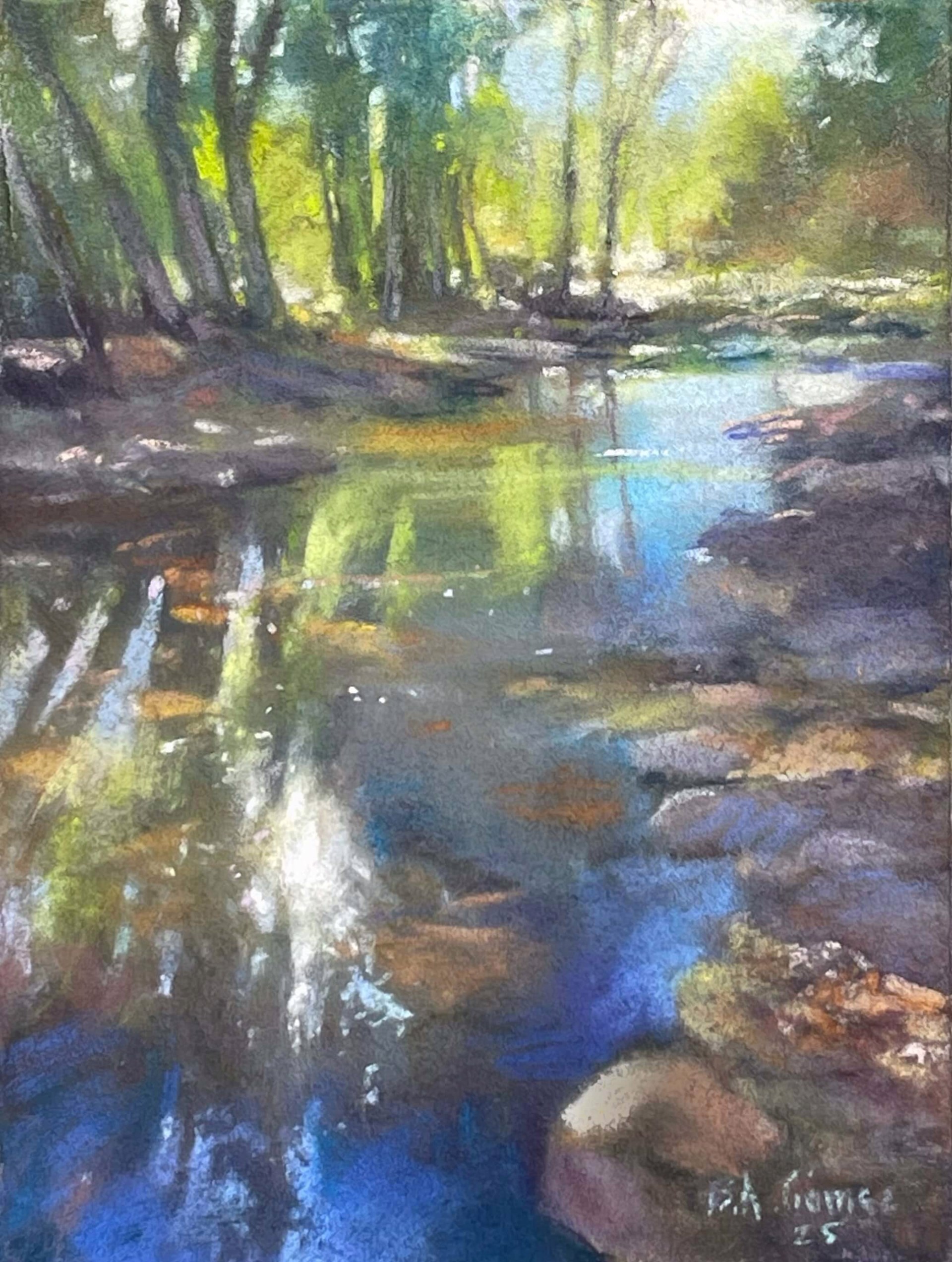 A serene watercolor landscape of a sunlit stream winding through a forest.