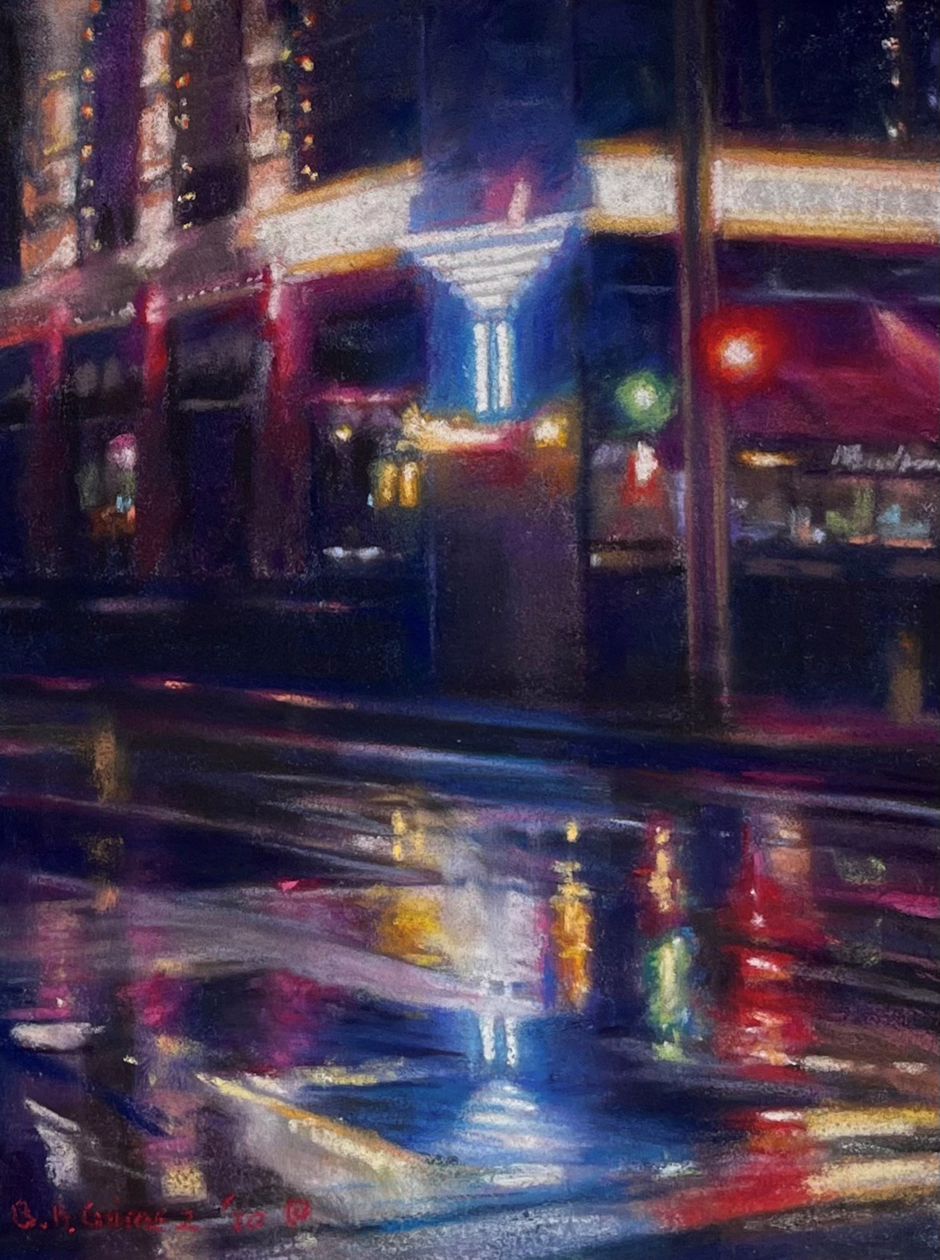 A painting of a city street at night in the rain.