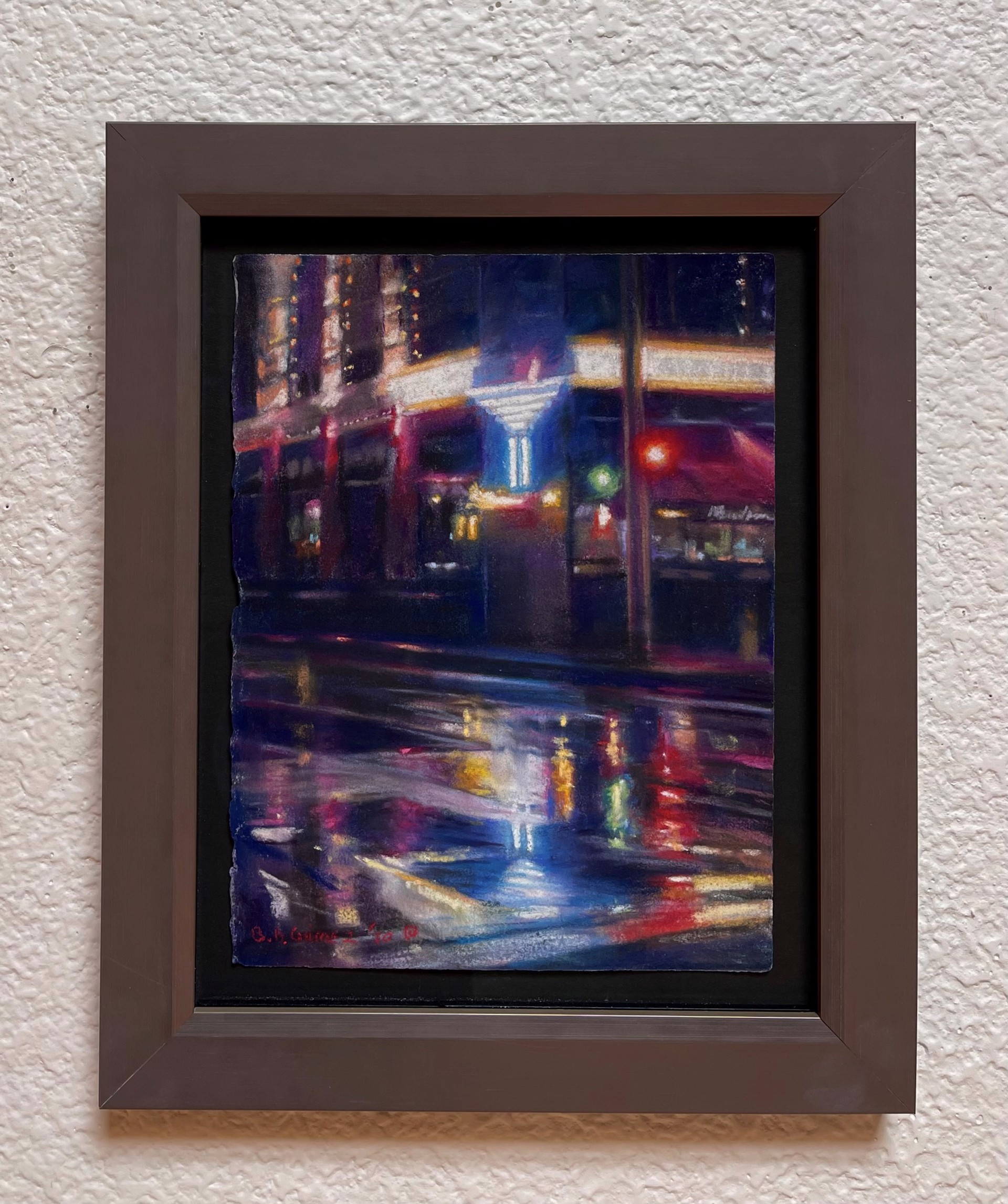 A painting of a city street at night in the rain.