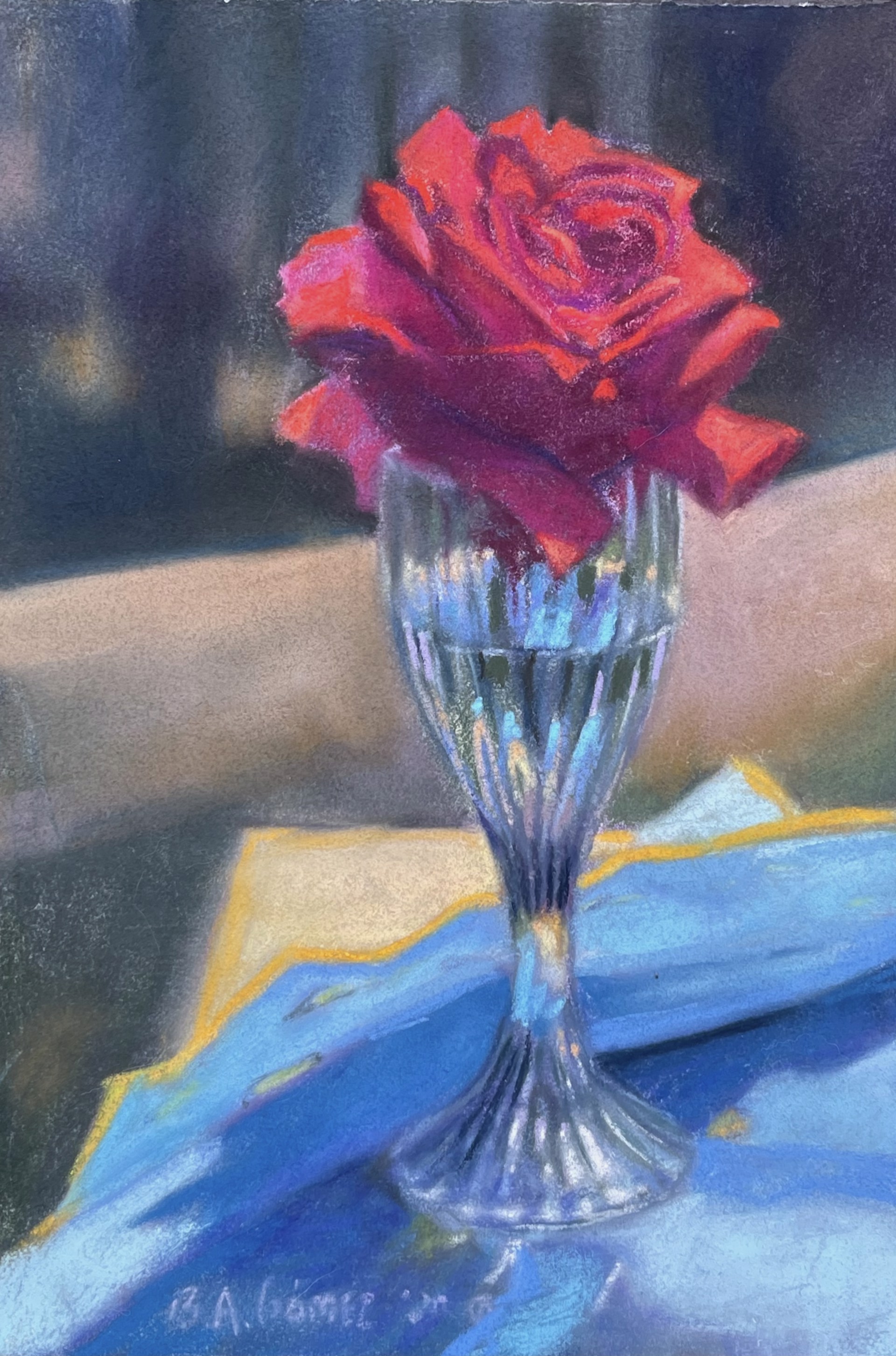 A painting of a red rose in a glass vase on a table.