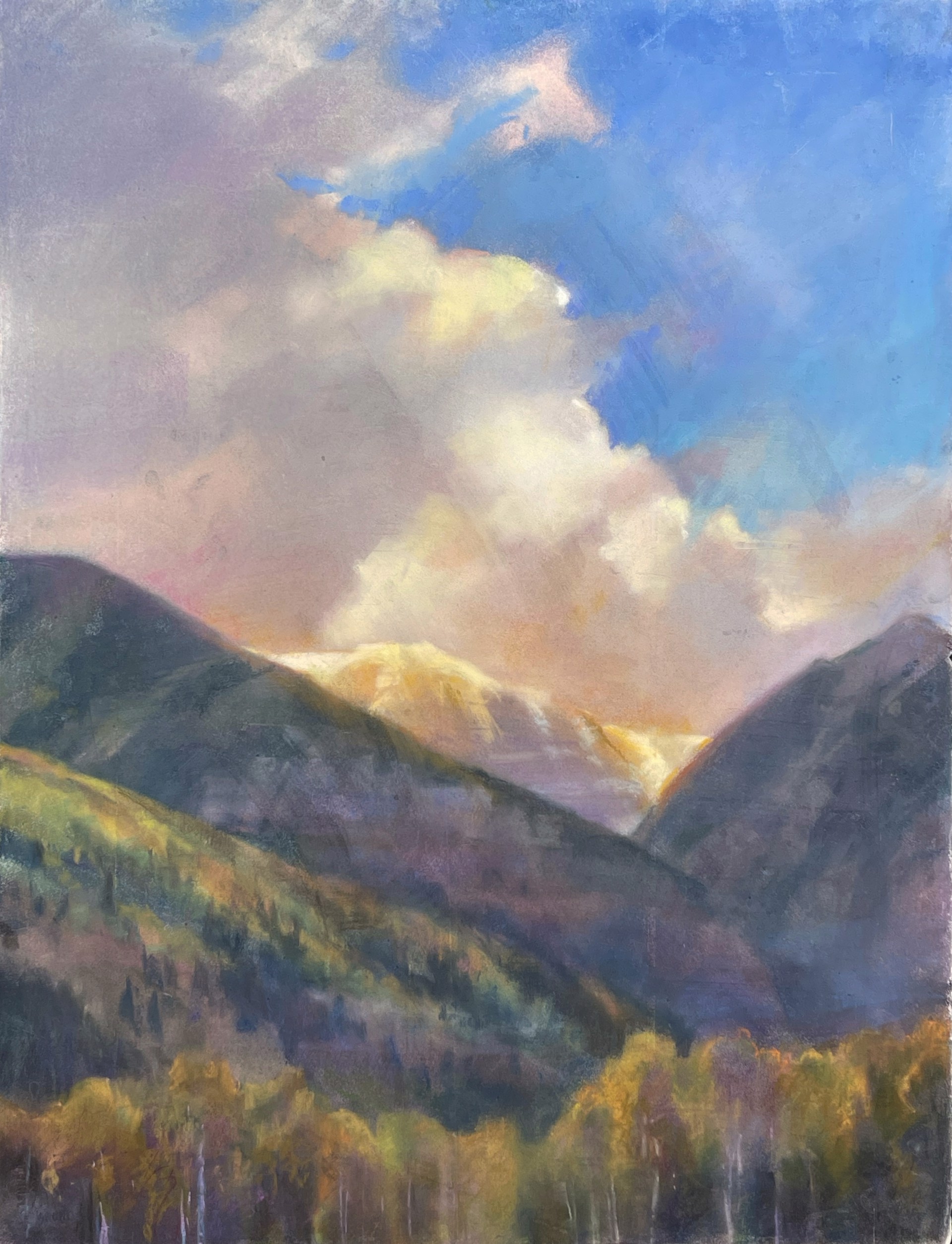 A painting of a mountain landscape with trees in the foreground.